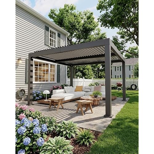 IDEALHOUSE 10x12ft Adjustable Louvered Pergola - All-Aluminum Outdoor Gazebo with Integrated Drainage, Perfect for Deck, Patio, Backyard & Garden, Gray