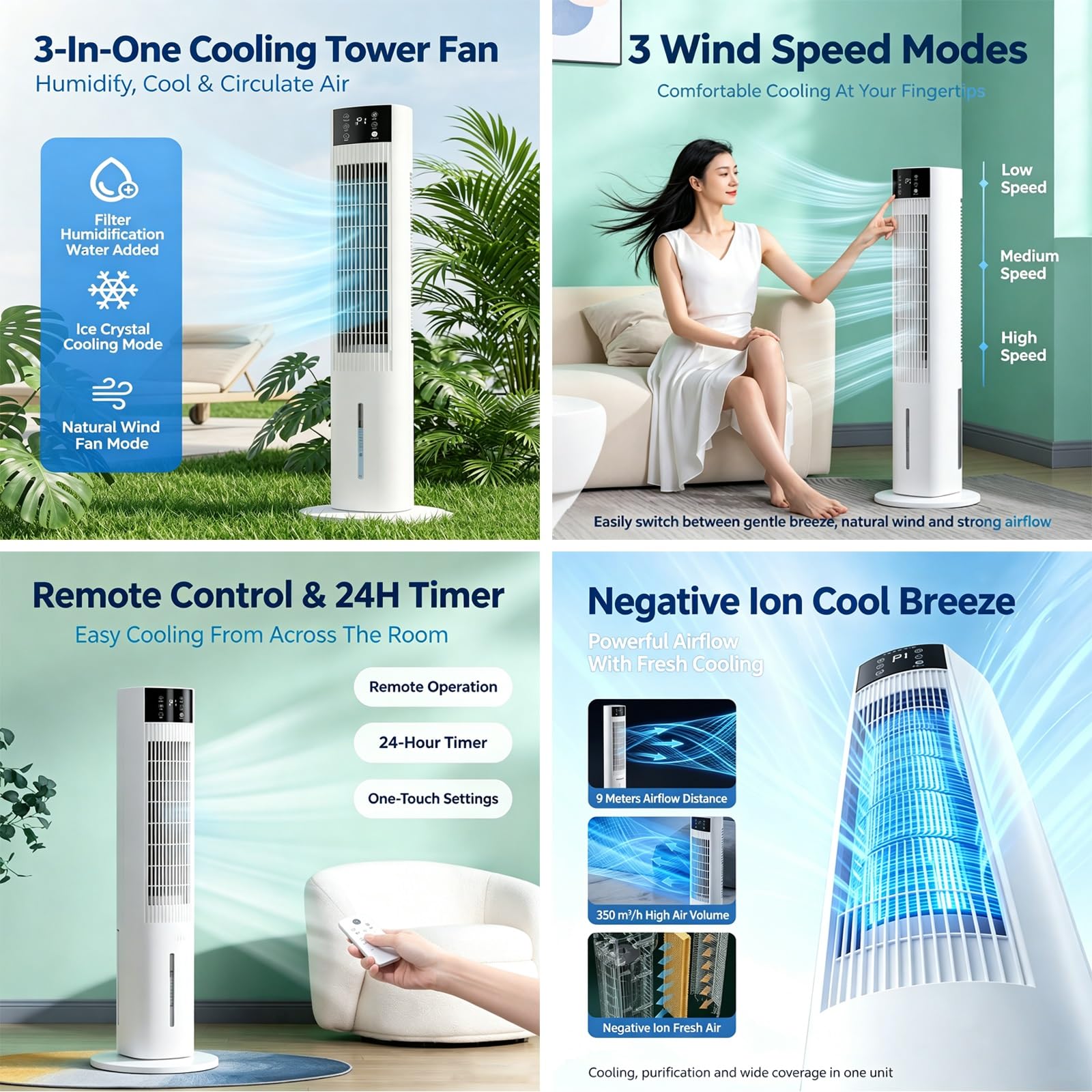 98cm Ventilatore a Torre Portatile Raffreddamento Ad Acqua | Serbatoio da 3,5 Litri, Timer 24 Ore, 3 Velocità, 65 W Ventilatore Silenzioso, per Soggiorno, Casa e Ufficio
