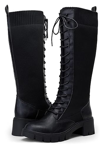 Vepose Women's 953 Lace Platform Combat Knee High Boots with Comfort Chunky Heel - 7 Wide - Platform-953-black