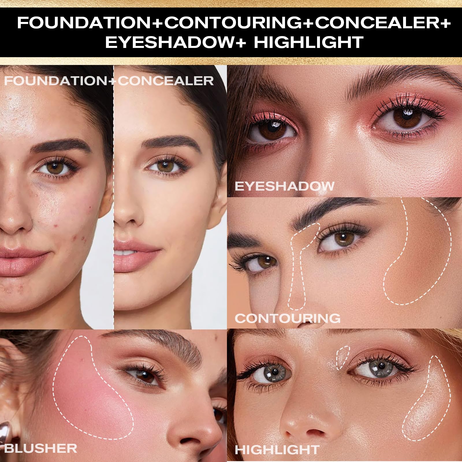 All-in-One-Make-up-Palette mit 16 Farben (wasserdicht): Highlighter, Concealer, Lidschatten und Rouge. Falten- und schweißresistent für makellosen Glanz