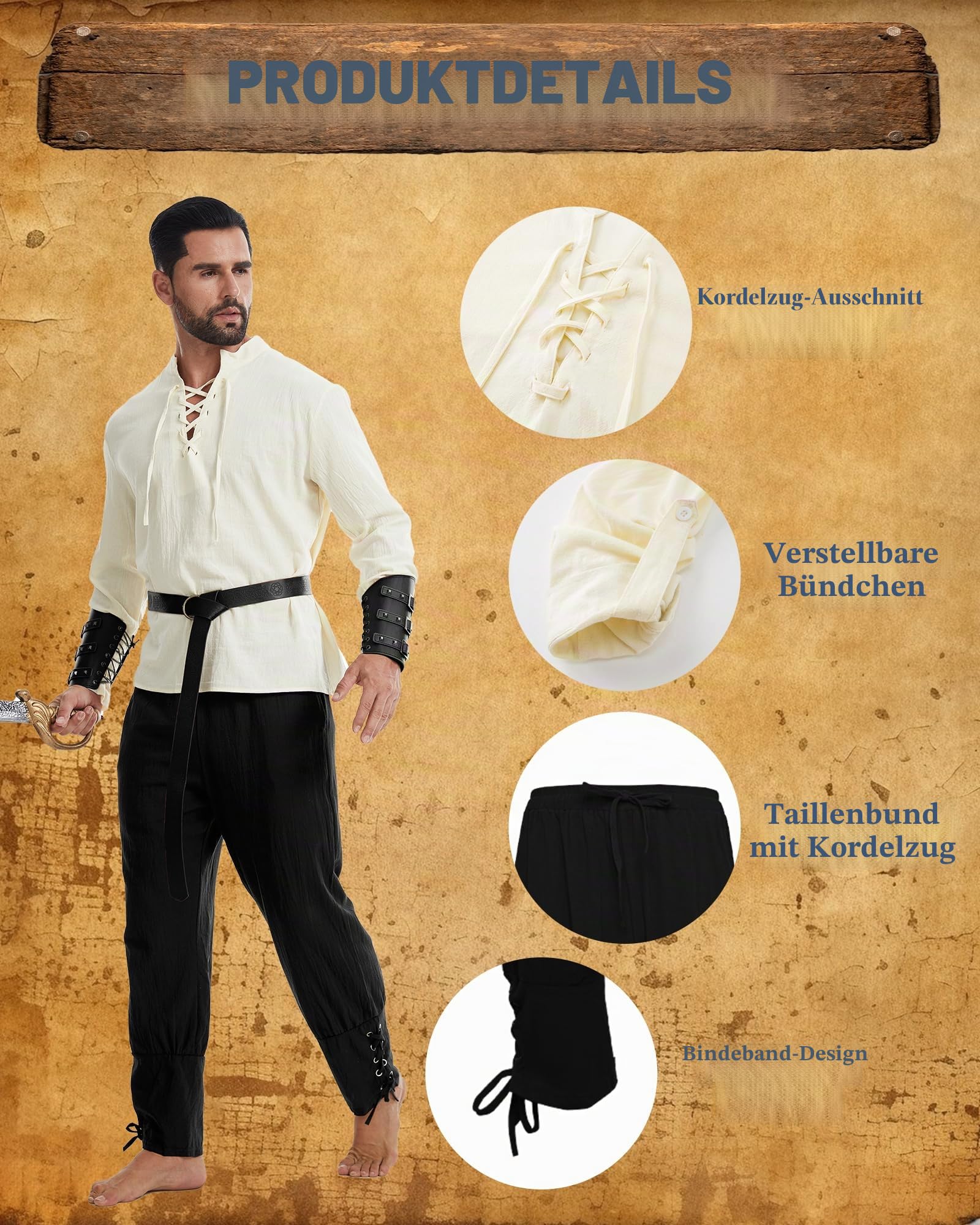 Mittelalter Hemd Viking Kostüm Herren,5 Stück Renaissance Kostüm Set Hose mit Zubehör, für Halloween Karneval Pirat Cosplay (Beige/Schwarz-02, L)