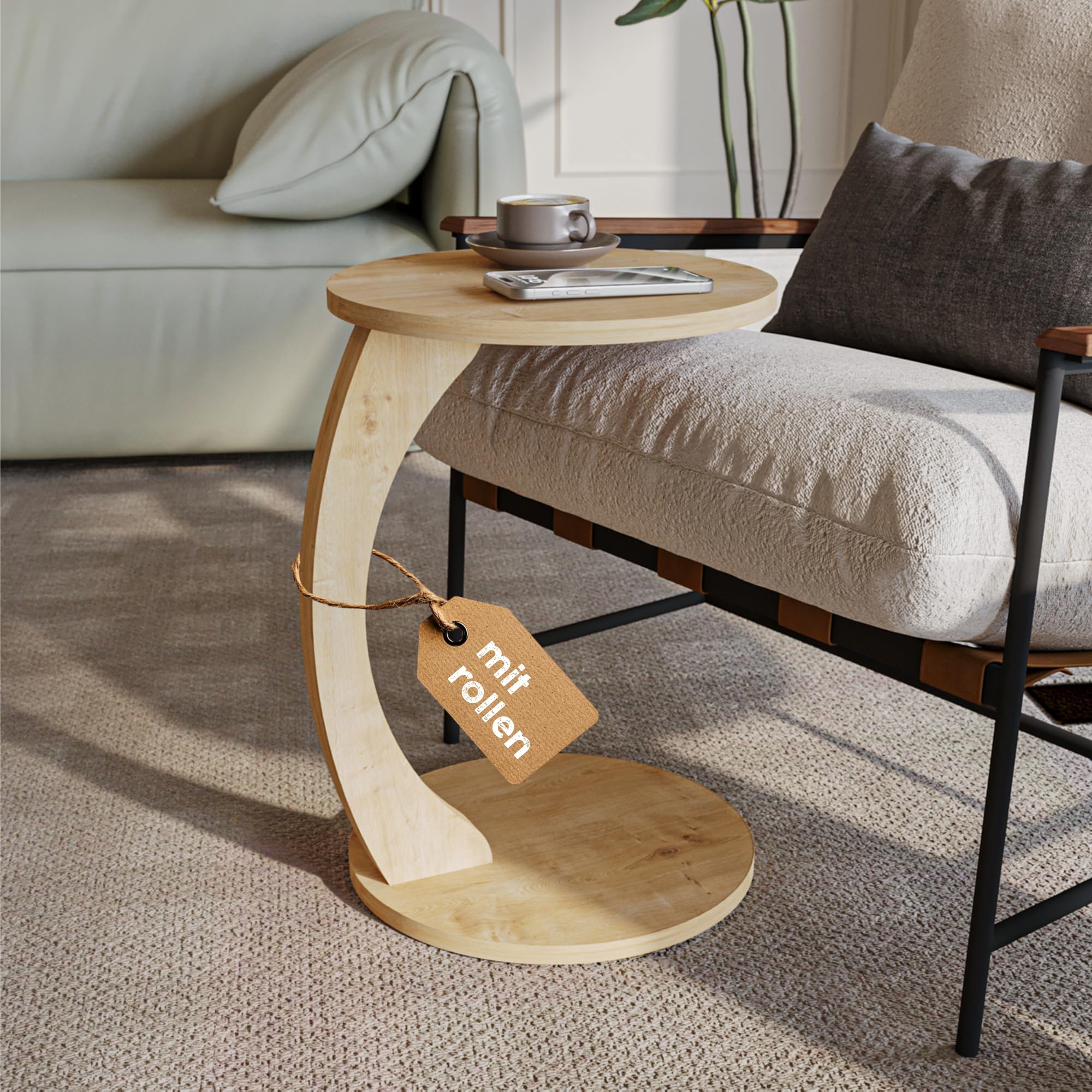 sugodesign Couchtisch mit Rollen, Kleiner Beistelltisch C Form, Beistelltisch Couch, stylischer Sofatisch in schöner Eiche-Optik, runder Tisch als Ablagefläche für Couch und Wohnzimmer, C Form