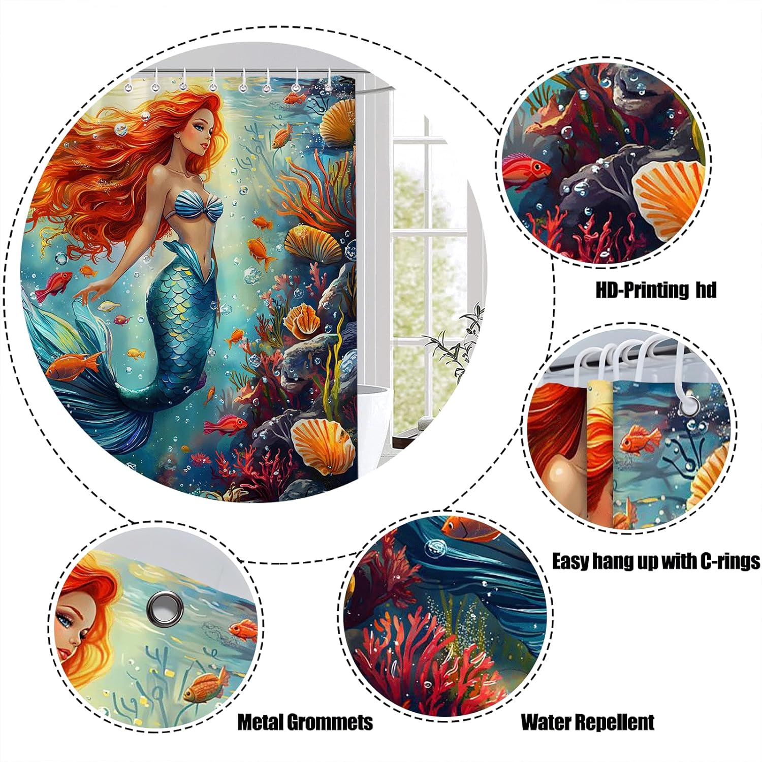 Fantasy Mermaid Shower Curtain Fairy Tale Underwater Tropical Fish Cartoon Girls Colorful Ocean Nautical Coral Reef Watercolor Sea Scene Polyester Fabric Bathroom Decor Curtain with Hooks