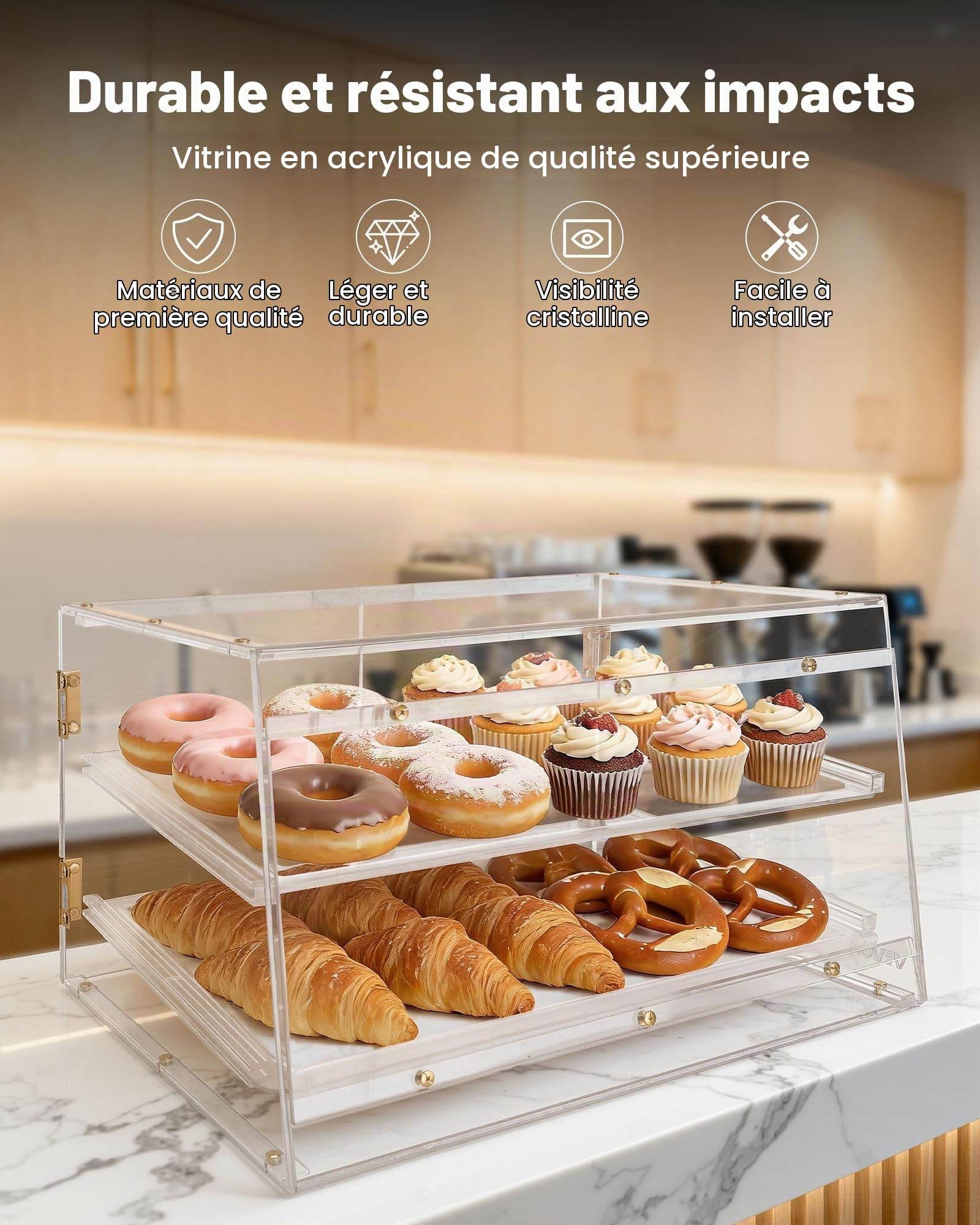VEVOR Présentoir à Pâtisserie, Vitrine de Boulangerie Commerciale 2 Niveaux avec Portes Magnétiques, Boîte à Présentation en Acrylique Transparent pour Pain Beignets Croissants Gâteaux, 526x400x305 mm