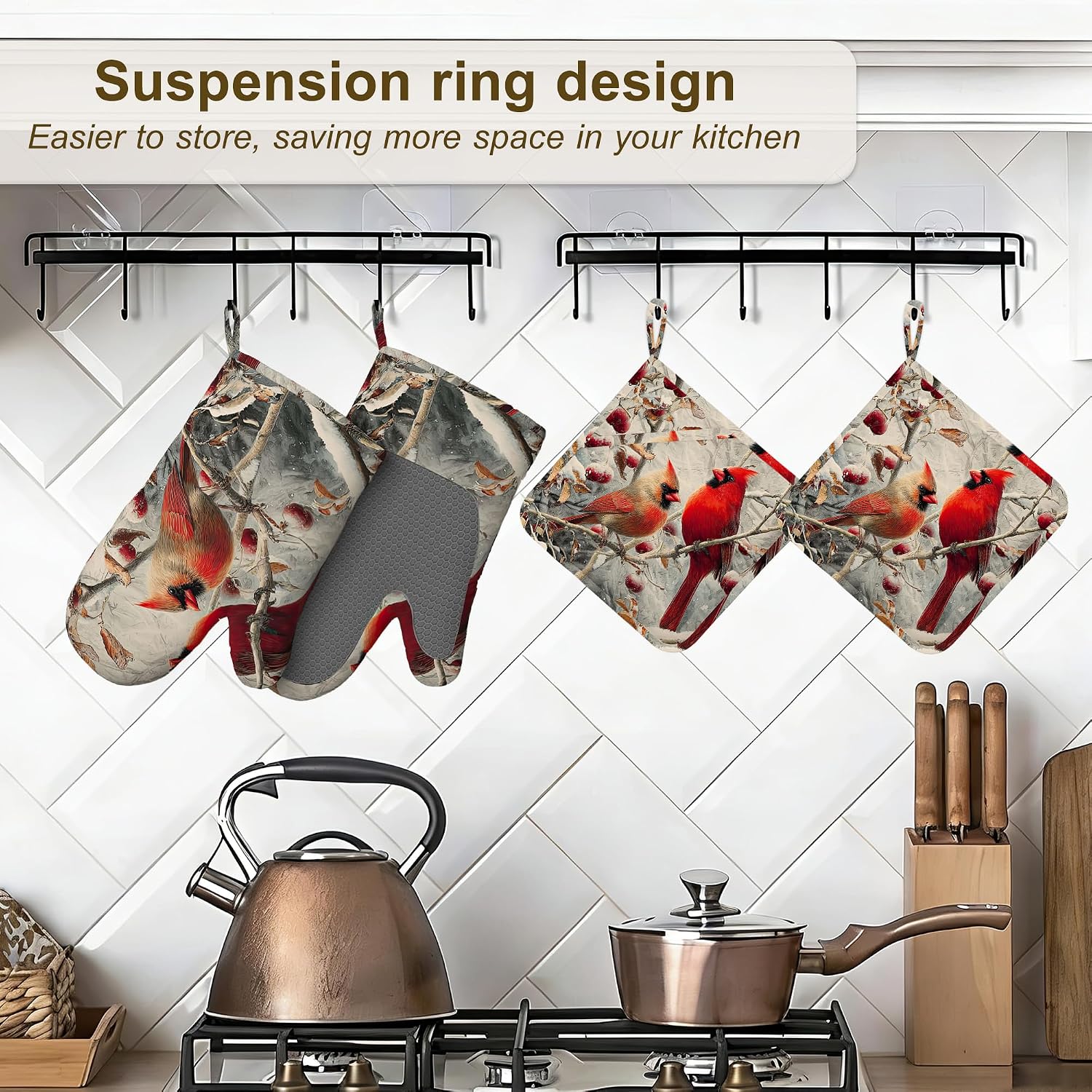Red Cardinal Birds Winter Oven Mitts and Pot Holders Sets of 4,Heat Resistant Silicone Oven Mitts Gloves Non-Slip Kitchen Mittens Potholders for Cooking Baking Grilling BBQ image 5