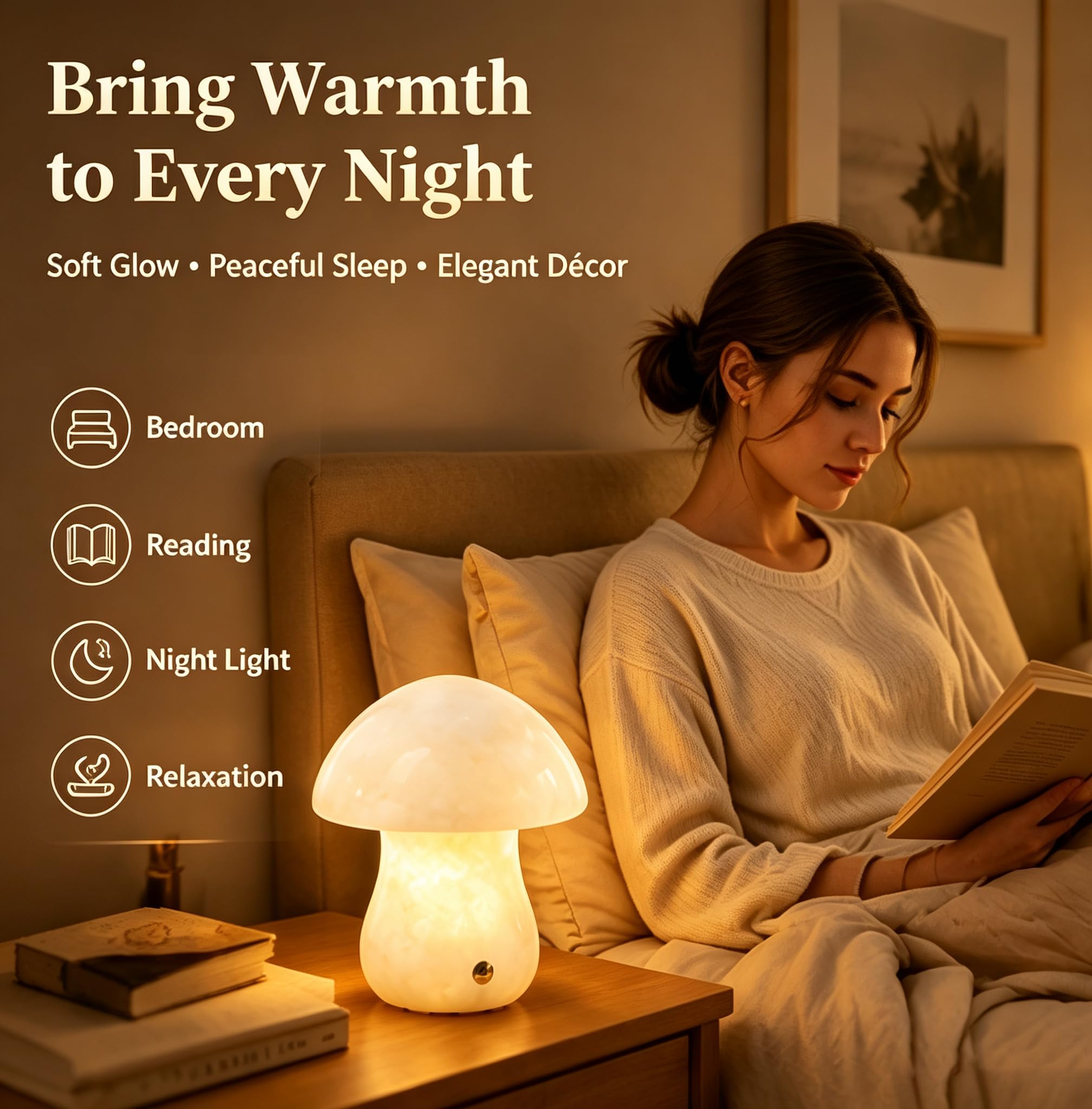 Lampada a fungo in marmo touch, luce notturna wireless ricaricabile USB