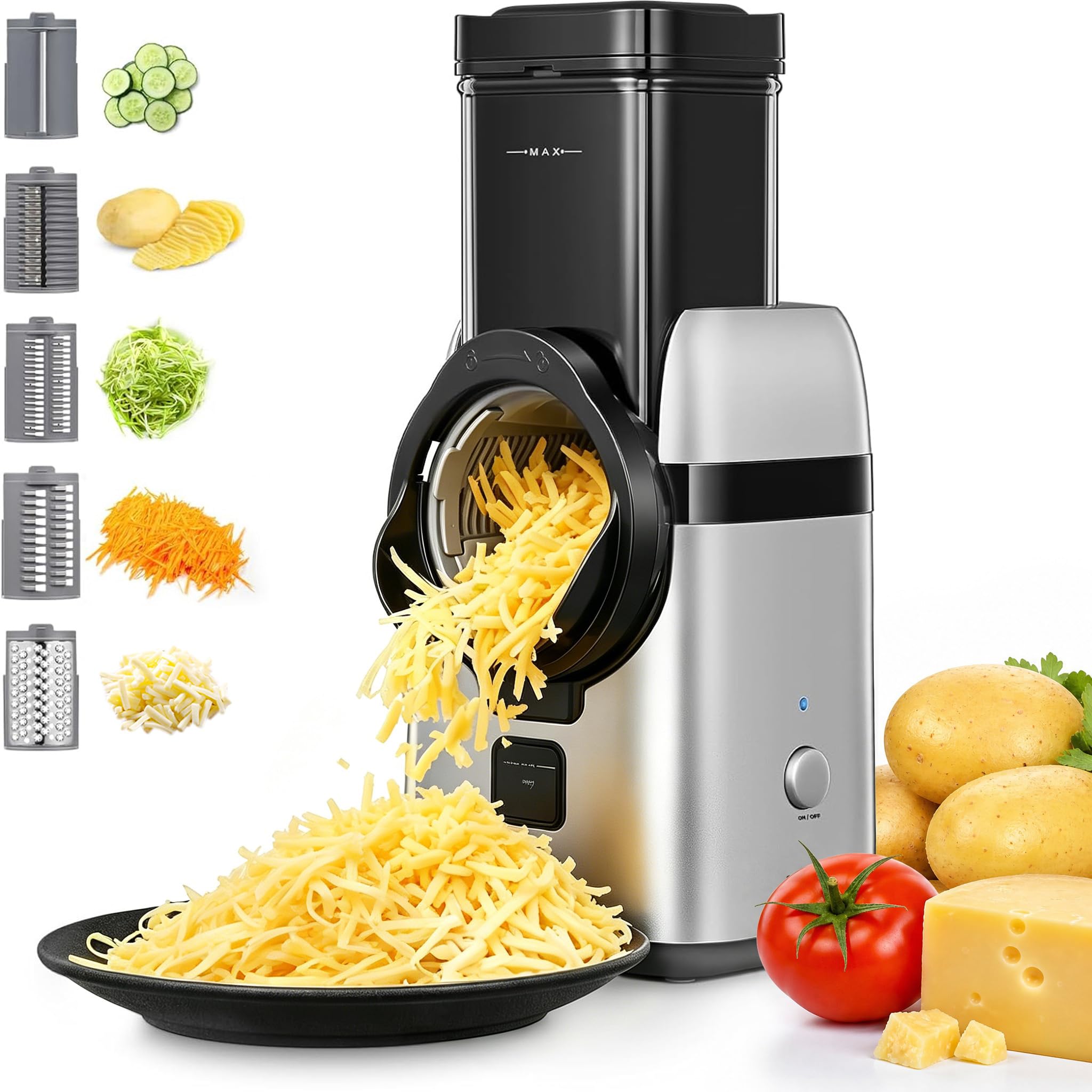 FOHERE 5 in 1 Electric Cheese Grater, Large Feed Chute Electric Grater Vegetable Shredder with Multi Replaceable Blades and Storage Box,Cheese Slicer for Whole Potatoes, Cheese and Nuts