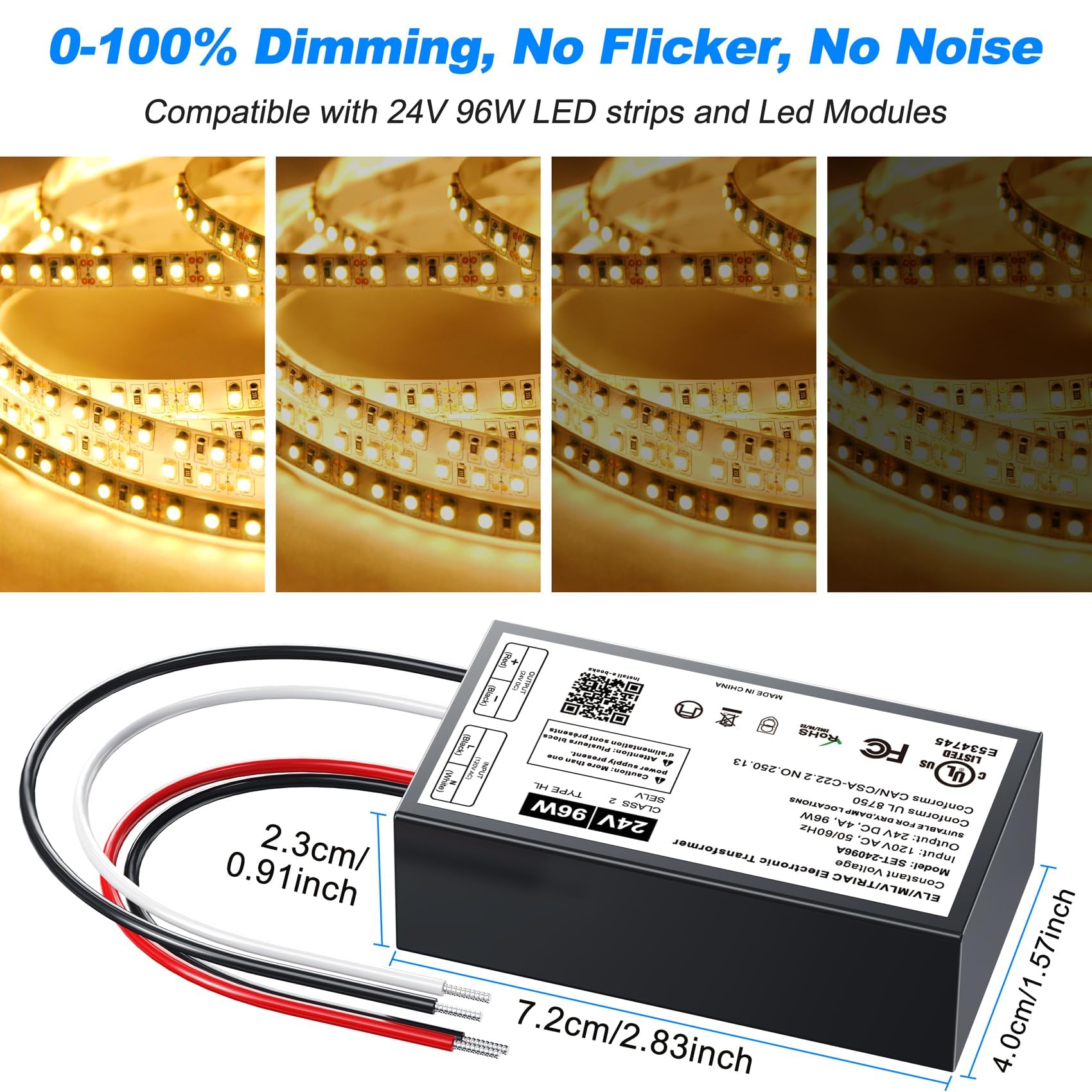 Triac ELV/MLV LED driver dimmerabile da 96 W, trasformatore LED Triac ELV/MLV compatibile con interruttori Lutron e Leviton, alimentatore LED dimmerabile per luci LED interne/esterne, certificato UL e