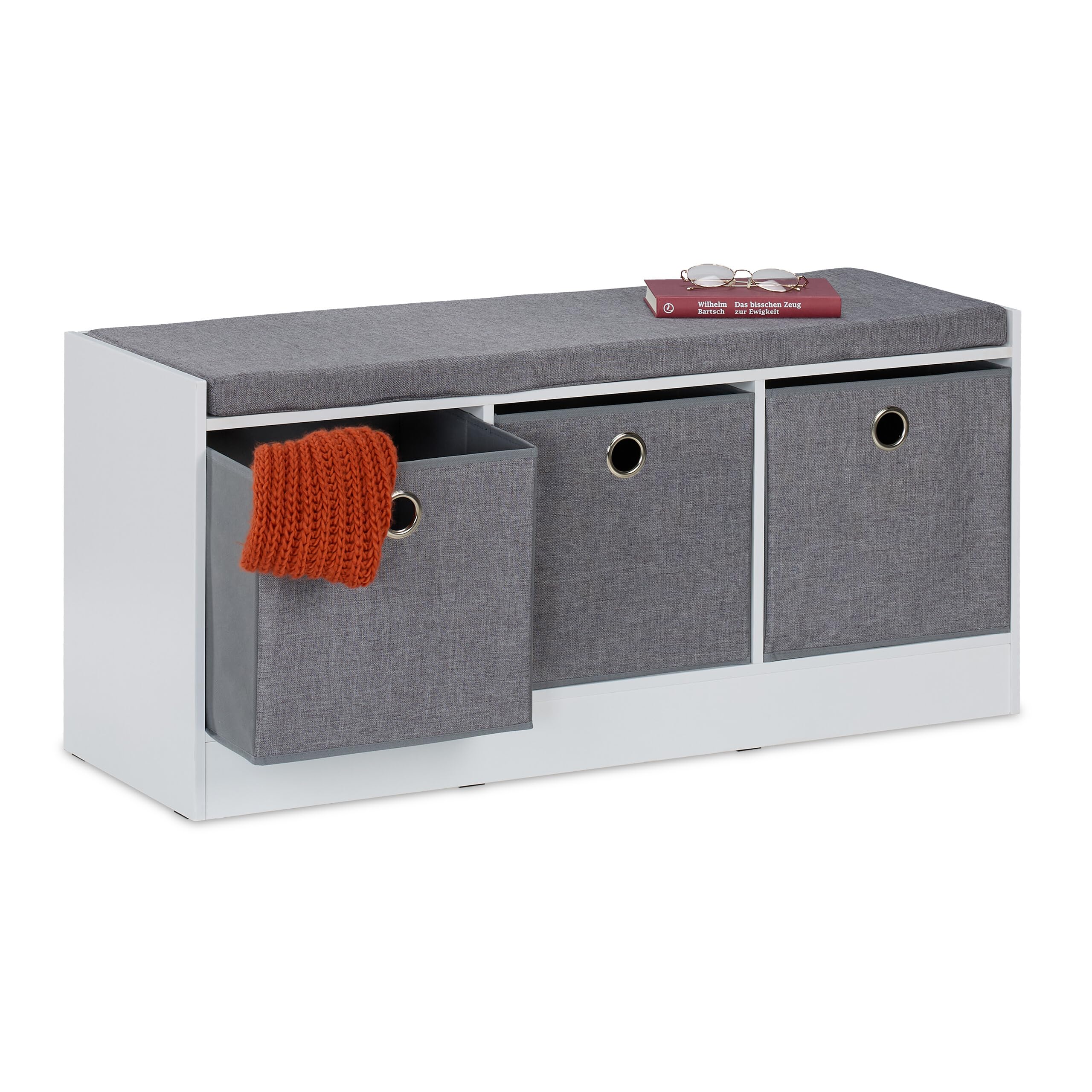 Relaxdays Sitzbank, Polsterbank mit 3 Stoff-Schubladen, HxBxT: 46 x 102 x 32 cm, MDF, Aufbewahrungsbank, weiß/grau