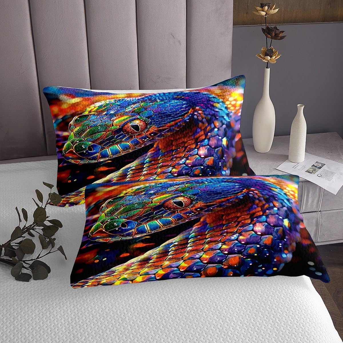 Homewish Glitter Snake Bedspread Queen Size,Wild Animal Bedding Set for Kids Boys Girls Room Decor,Neon Style Snake Quilt 3Pcs,Magical Animal Snake Microfiber Coverlet Set,2 Pillowcases