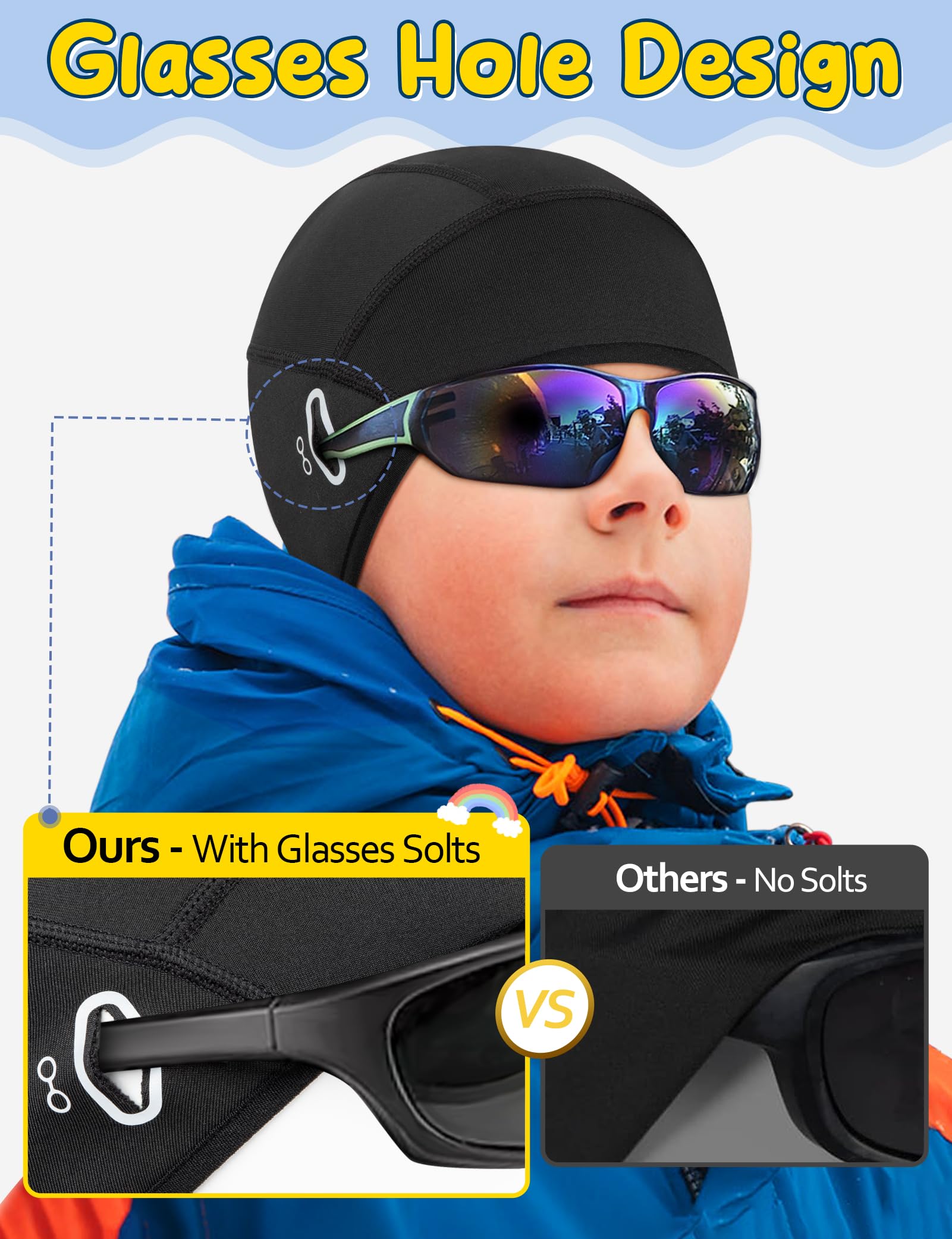 Becellen Czapka na kask dla dzieci, zimowa czapka termiczna na rower, jeden wzór z otworem na okulary, ciepła, wiatroszczelna, czapka sportowa, uniseks, czarna czapka pod kask rowerowy, dla chłopców i