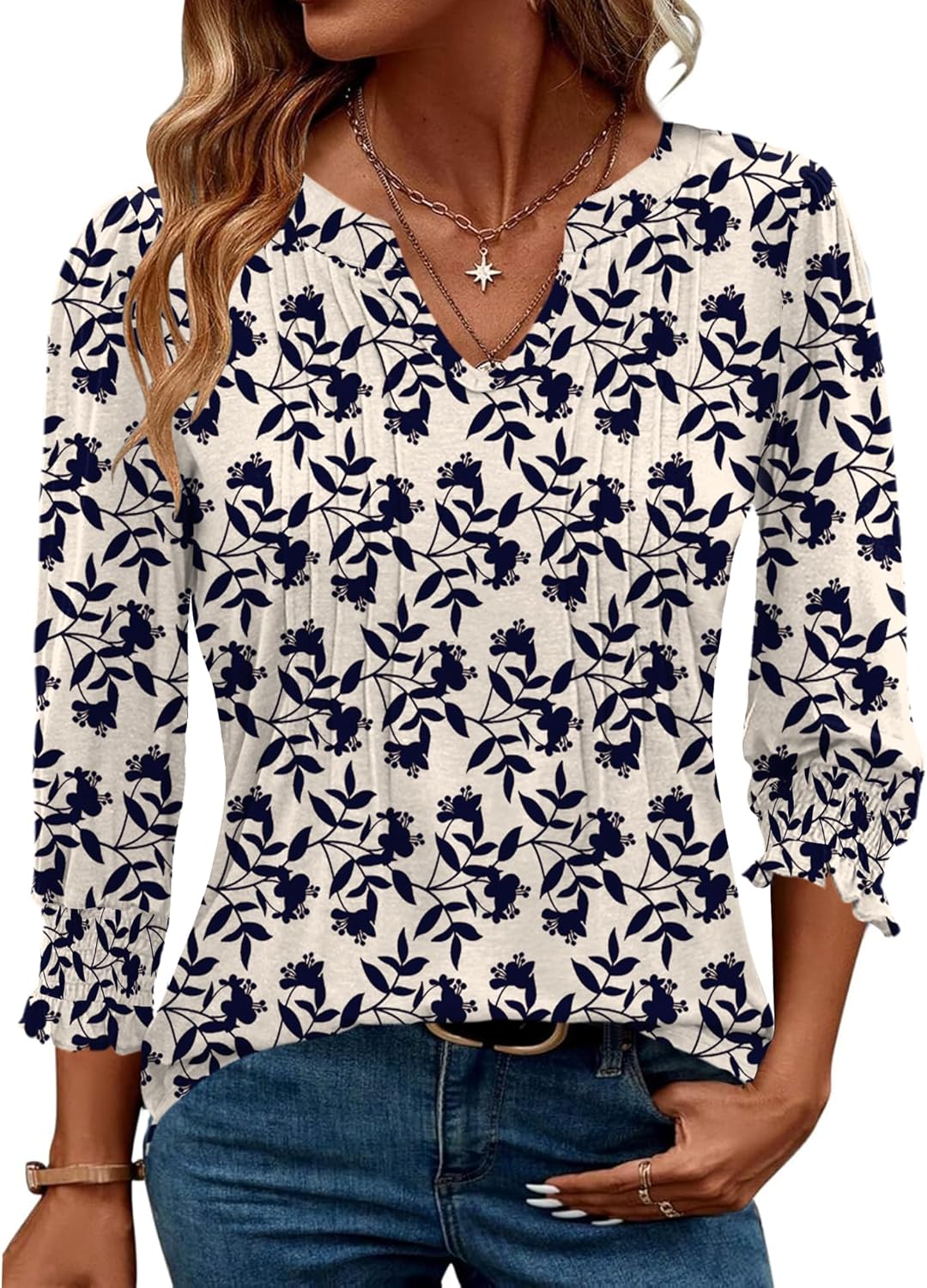 AKEWEI Blouses for Women Dressy Casual 3/4 Length Sleeve Spring Tops for Women V Neck Pleated T Shirts