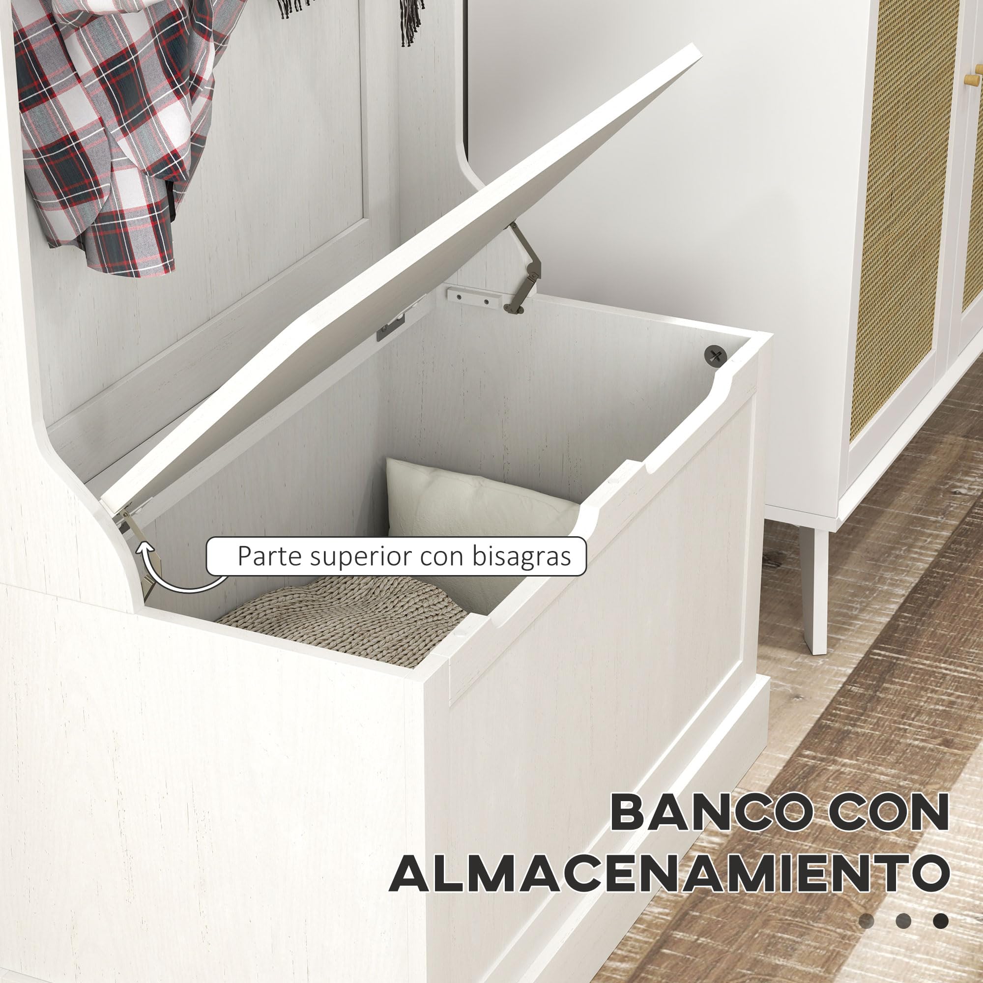 HOMCOM Perchero Zapatero, Perchero Recibidor con Banco de Almacenamiento, 4 Ganchos, para Pasillo, Dormitorio, Salón, Estilo Moderno, 71,5x39,5x170 cm, Blanco