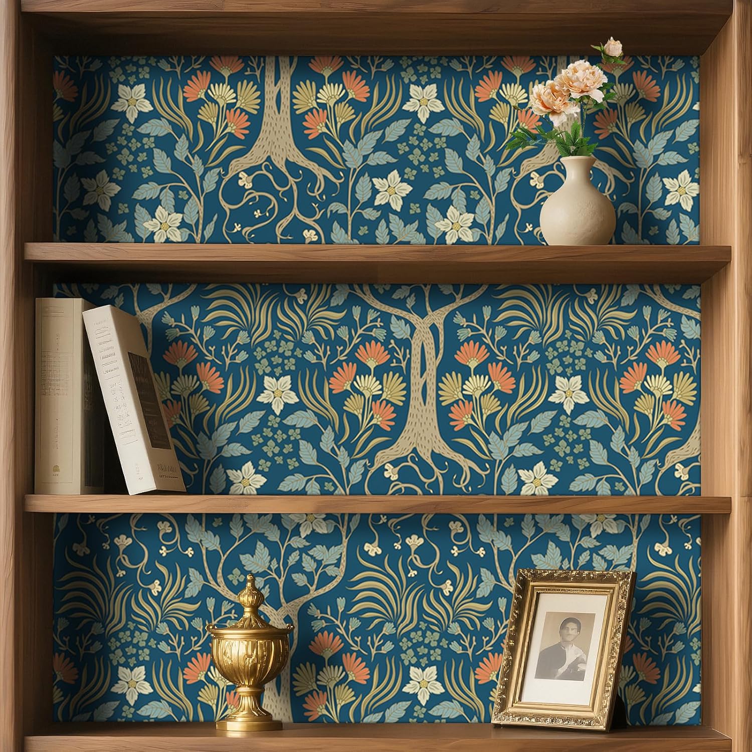 Stickyart Antique William Morris Botanical Wallpaper Peel and Stick Navy Blue Victorian Botanical Tree Wall Paper Self Adhesive Retro Floral Tree Contact Paper for Bedroom Living Room Wall 17.5"x276"