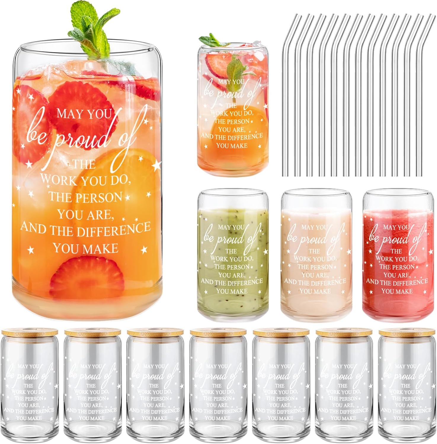 Nuanchu 12 Pack Employee Appreciation Gifts Bulk Glass Cups with Bamboo Lids and Straws, Staff Thank Gifts for Social Worker Coworkers Team Teacher Office Presents(May You Be Proud of the Work You Do)