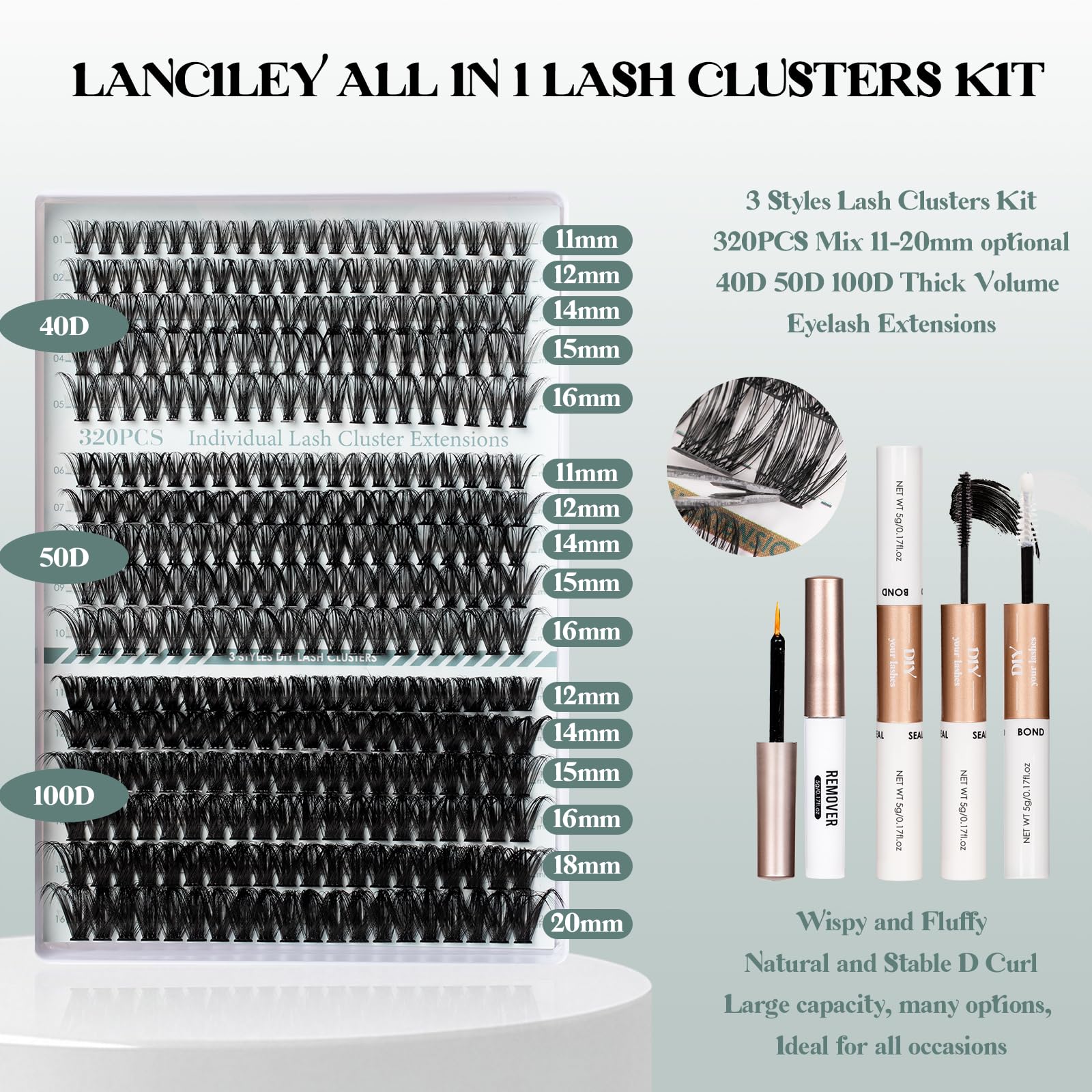 Lanciley Cluster Lashes 320pcs Individual Eyelashes 11-20mm 40D 50D 100D DIY Lash Extensions Kit Thick Volume Eyelash Clusters Natural Lash Clusters False Eyelashes with Bond and Seal and Remover - Image 2