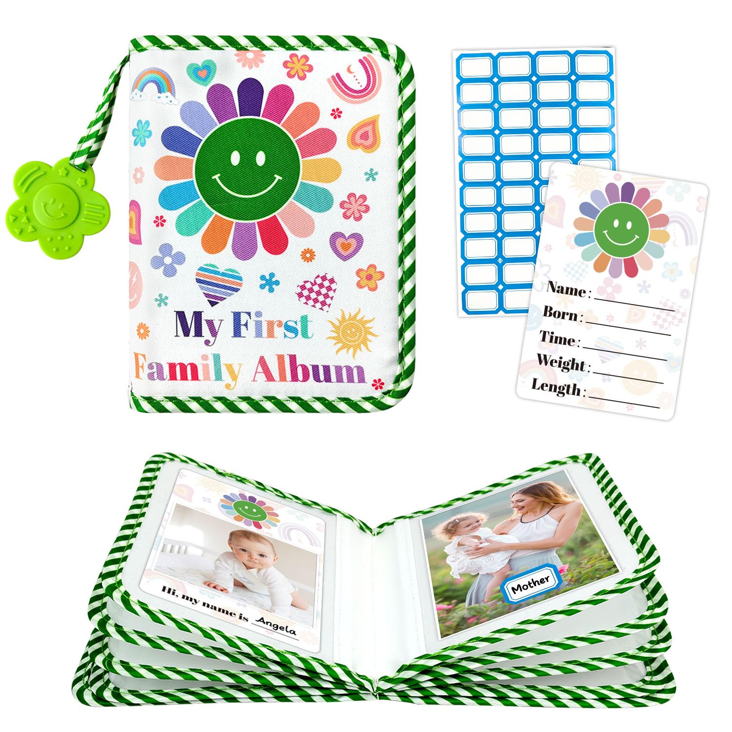 BOHEMIABY My First Family Photo Album for Baby, 4x6" Baby Photo Albums, Soft Toddler Photo Album with Milestone & Large Safety Mirror, Personalized