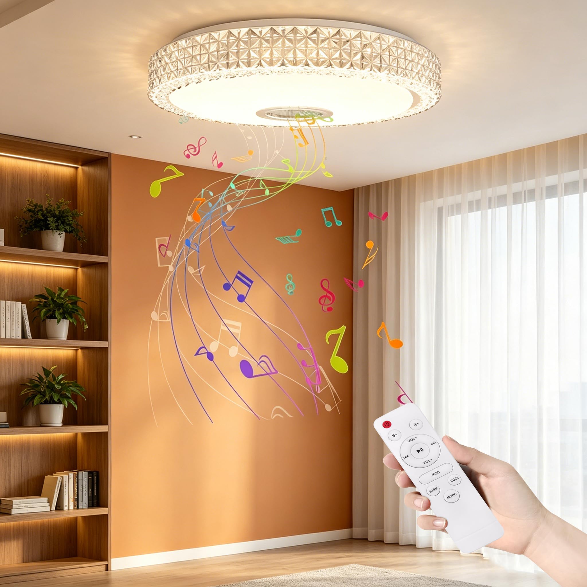 Yunvin 60W Ceiling Light with Bluetooth Speaker LED RGB Ceiling Lighting Dimmable Color Changing, Remote Control and App Control, Starry Sky Round Light for Party, Living Room, Bedroom