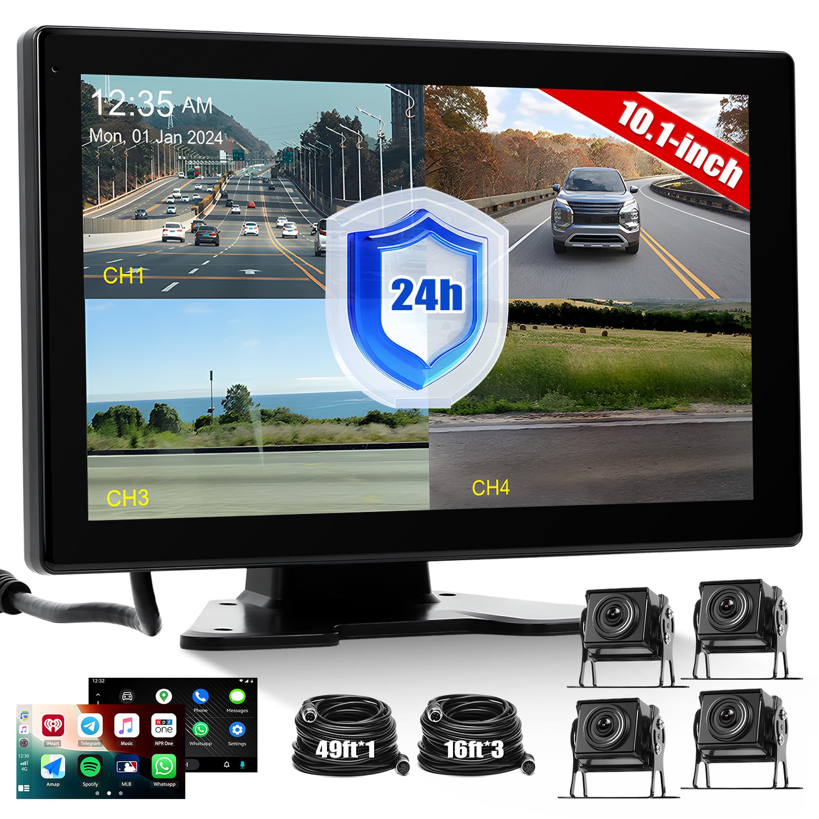 Kamera cofania 10,1 cala HD ekran 2,5D system DVR z 4 kamerami nagrywanie w pętli dla ciężarówek autobusów i maszyn rolniczych 7–32 V kompatybilna z CarPlay i Android Auto monitorowanie postoju IP68