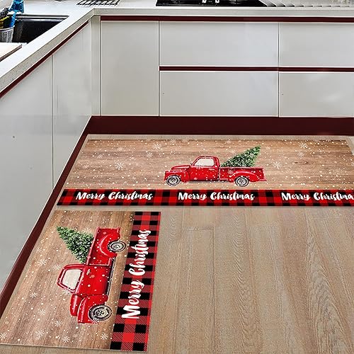 Tapete de cocina de Feliz Navidad, 2 piezas, acolchado, antifatiga, alfombra de camino de cocina, camión rojo con árbol de Navidad, tapete de madera