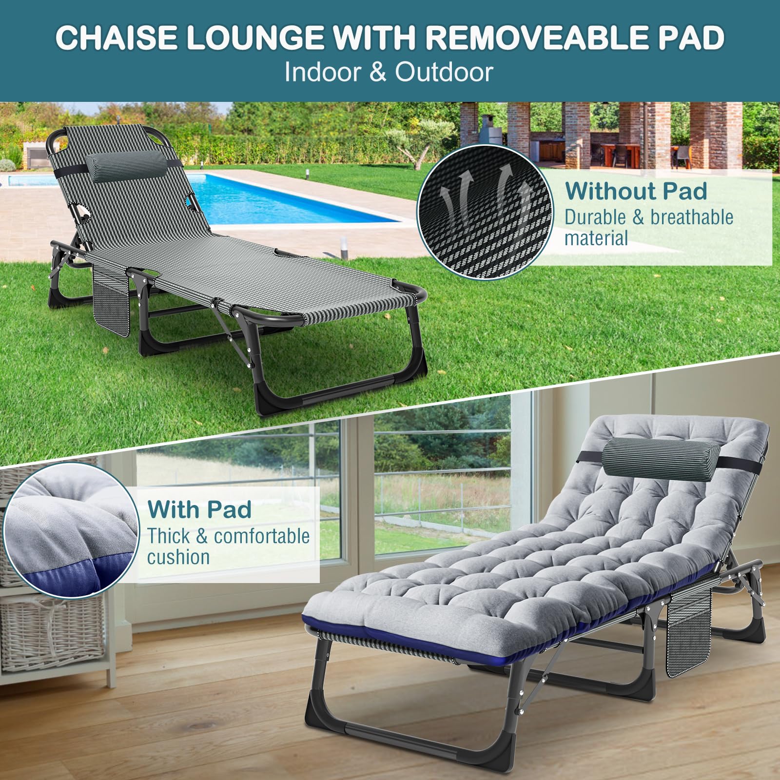 Lit Pliant pour invités 190 x 68 cm Chaise Longue Pliable Lit de Camping de Voyage Adulte 200 kg Charger 1200D Oxford Fabric avec Coussin, Poche latérale, Appui-tête réglable