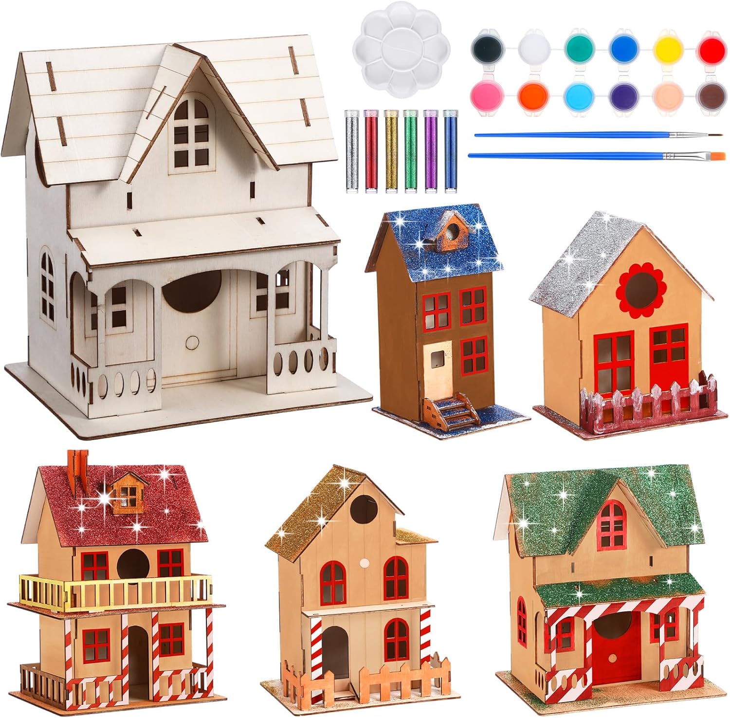 Gilprop 5 Sets DIY Wooden Christmas House with Paint Paintbrushes Unfinished Wooden Christmas Village to Paint Mini Houses for Crafts for Xmas Winter Table Centerpieces Party Decor