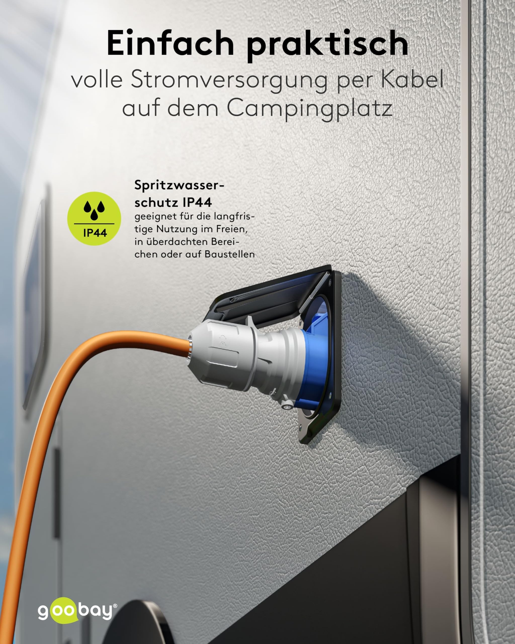 goobay Przedłużacz CEE do przyczepy kempingowej, 10 m, wtyczka CEE do gniazda CEE z zamknięciem pokrywą, IP44, kabel kempingowy, przyczepa kempingowa, 76229