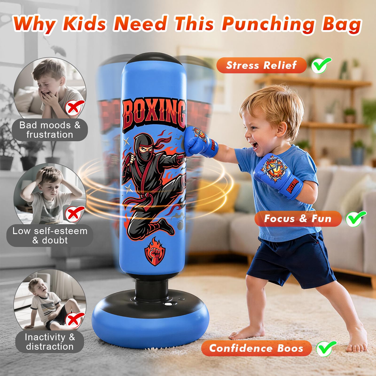 Pungiball per Bambini Sacco da Boxe con Guantoni e Pompa