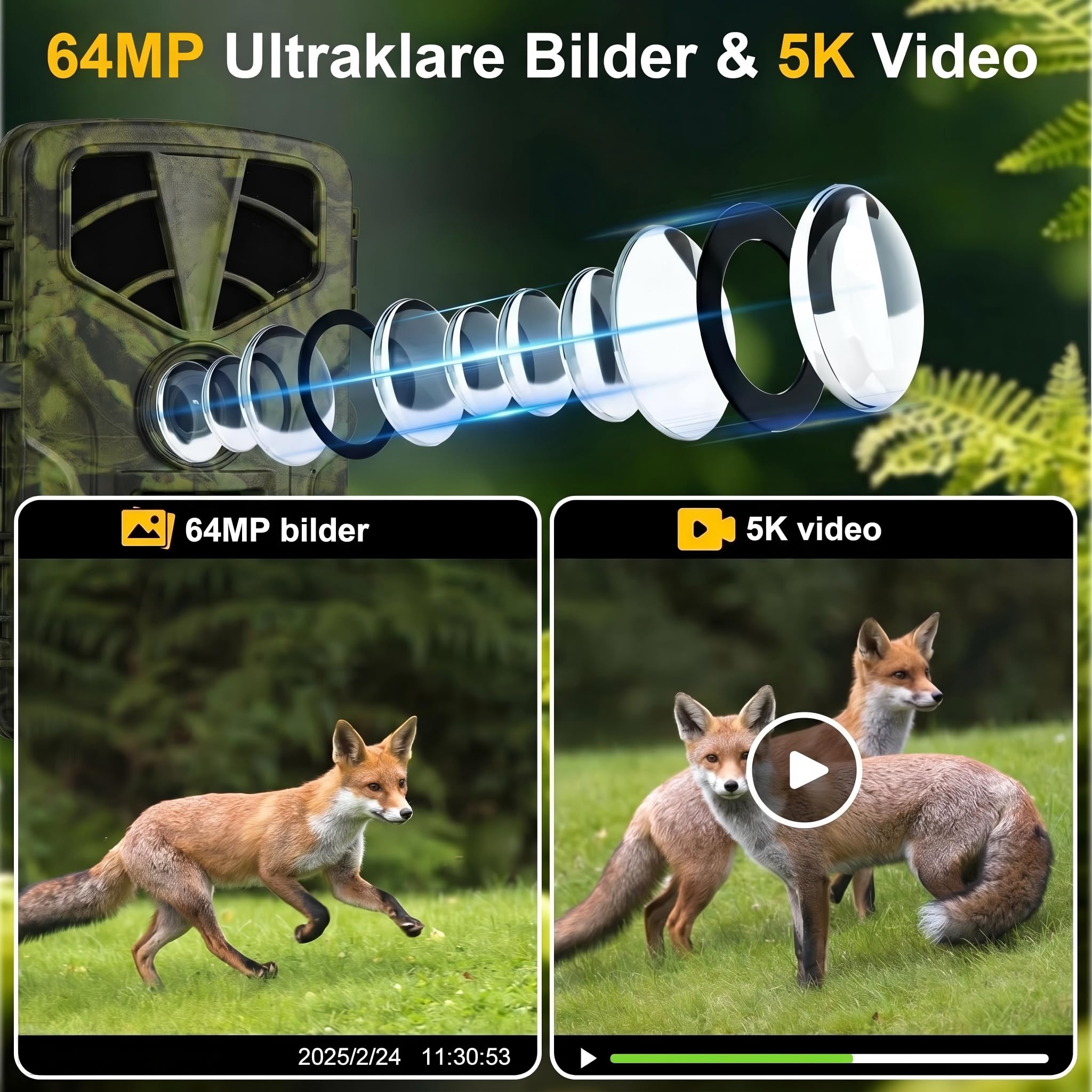 Wildkamera 5K 60MP mit WLAN & Handyübertragung APP, 120° Weitwinkel Jagdkamera mit 0,2s Auslösezeit, IP66 Wasserdicht, 4MP Video, Wildtierkamera mit 32GB Speicherkarte und Infrarot-LEDs ohne Glühen