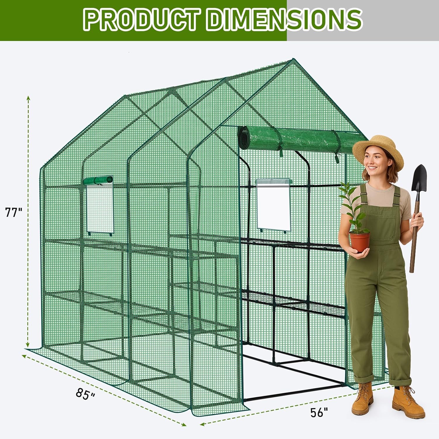 Outvita Walk-in Greenhouse, Outdoor Durable PE Plant Green House for Frost Protection with 3 Tiers 12 Shelves, Shelf Clips, Roll-up Zipper Door, 56"x85"x77" Green