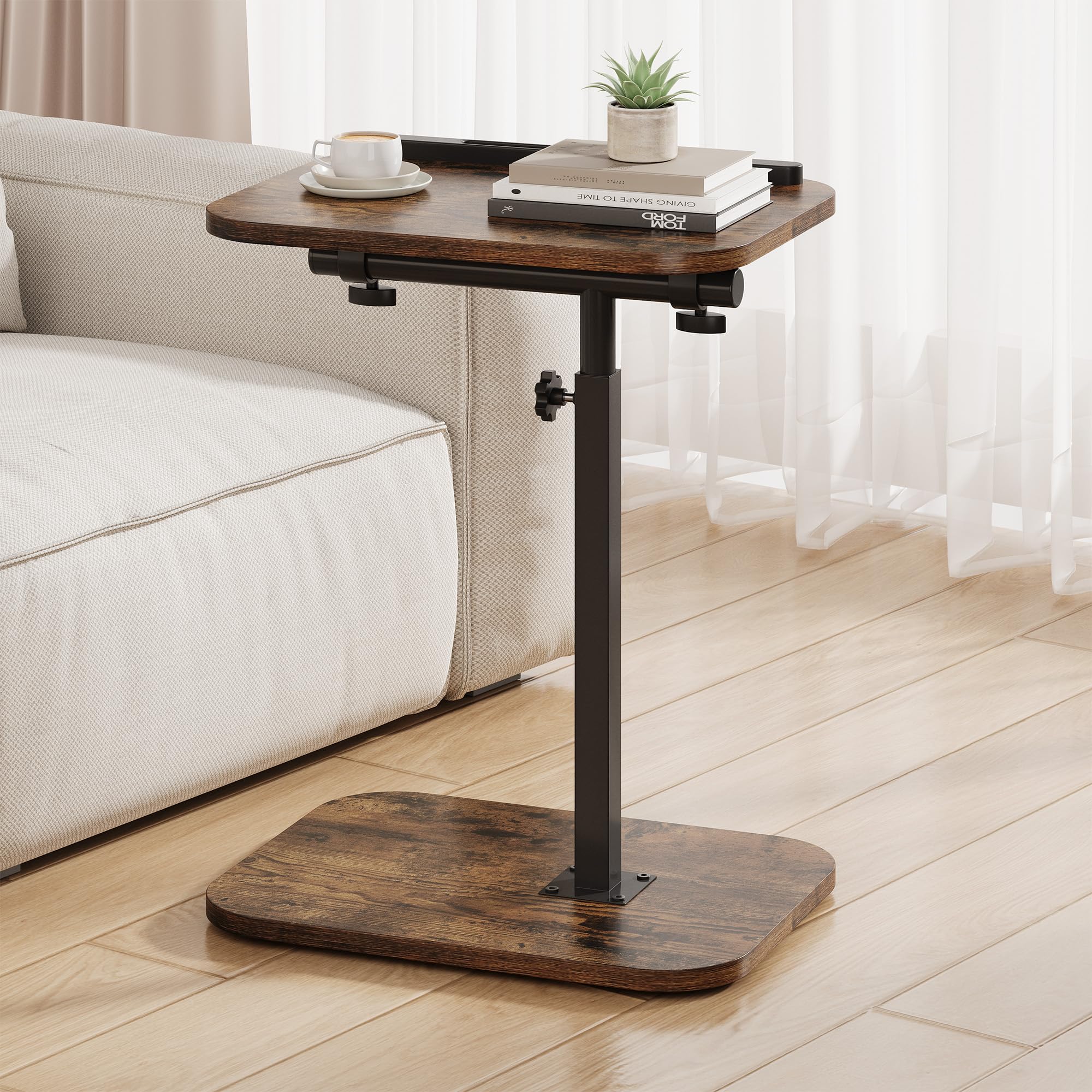 Photo 1 of MYBEILEYI TV Tray Table, Sofa Side Armrest Tray, Adjustable Height, Flip-Top, Snack Side Table with 360° Swivel and 180° Tilt, C Shaped End Table for Couch, Small Spaces, Bed, Chair, Brown