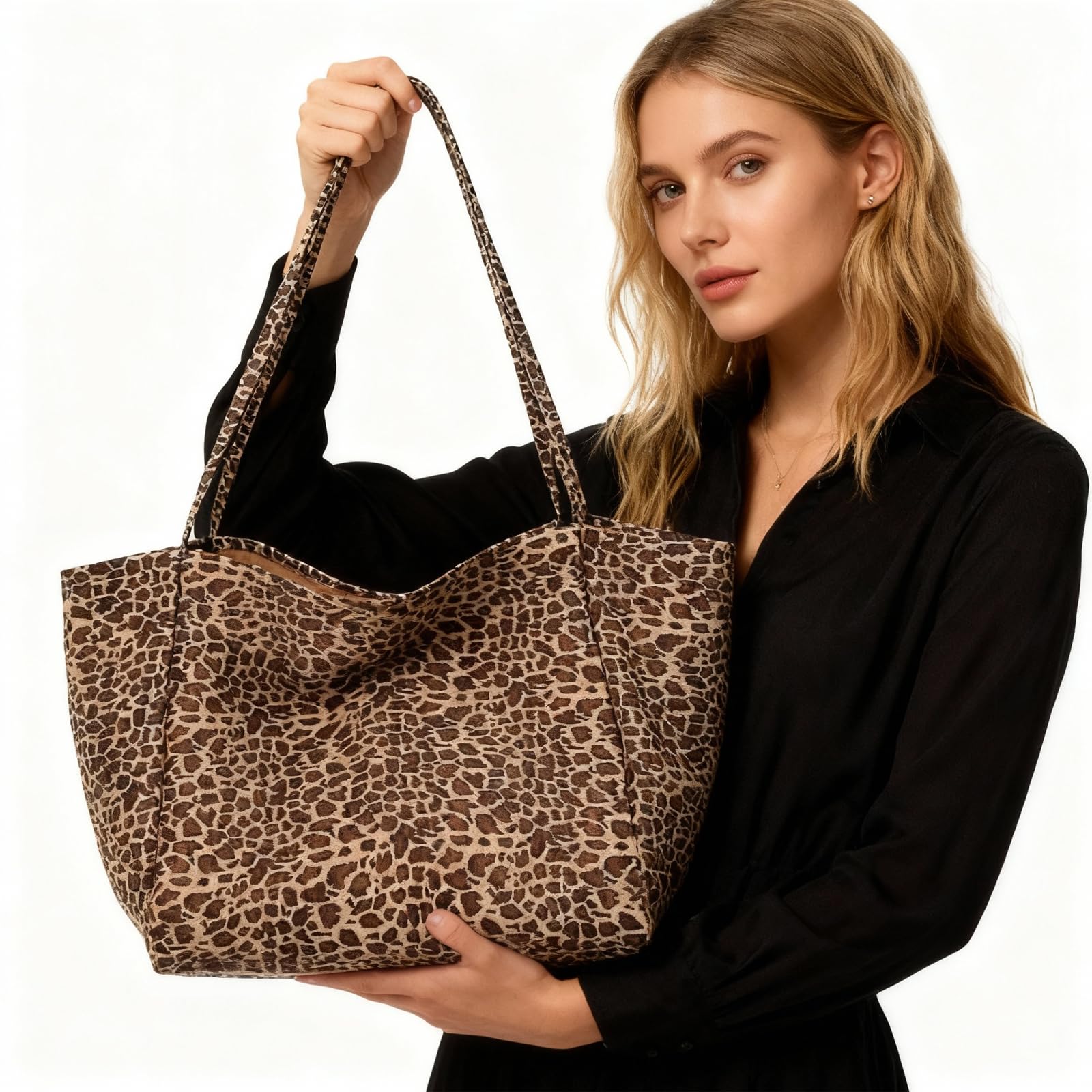 Damska torba na ramię, wzór panterki, płócienna torebka 41 x 22 x 37 cm, duża torba na zakupy, torba do noszenia na co dzień, do biura, na zakupy w podróż