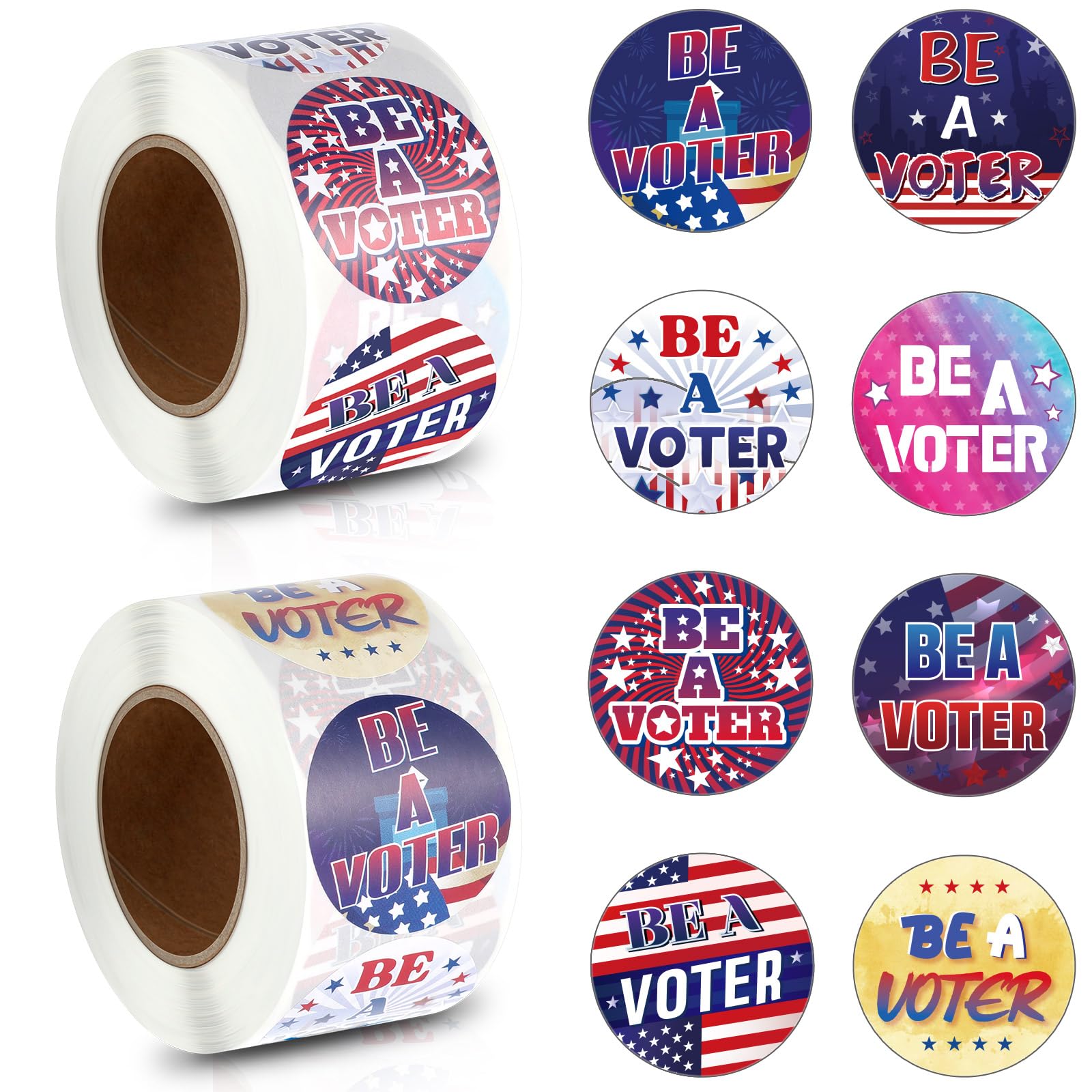 Tenceur 2 Rolls/ 1000 Pcs Be a Voter Stickers 1.5 Inch Vote Stickers White Red Blue Round Self Adhesive Labels 8 Designs for 2025 Patriotic Election