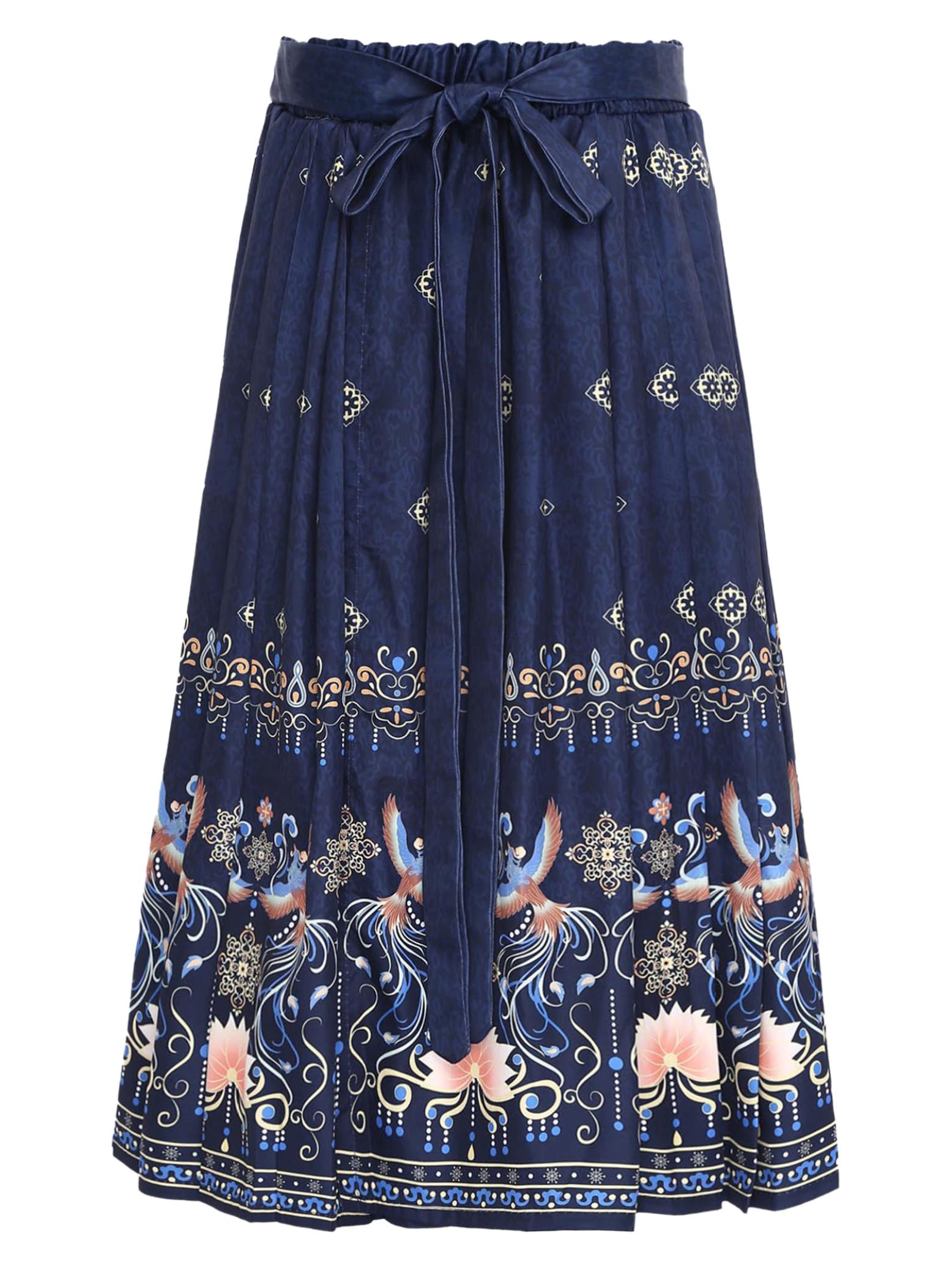 Eandarui Kids Girls Chinese Hanfu Mamianqun Skirt Flower Phoenix Print Pleated Maxi Skirt Horse Face Skirt Navy Blue 9-10 Years