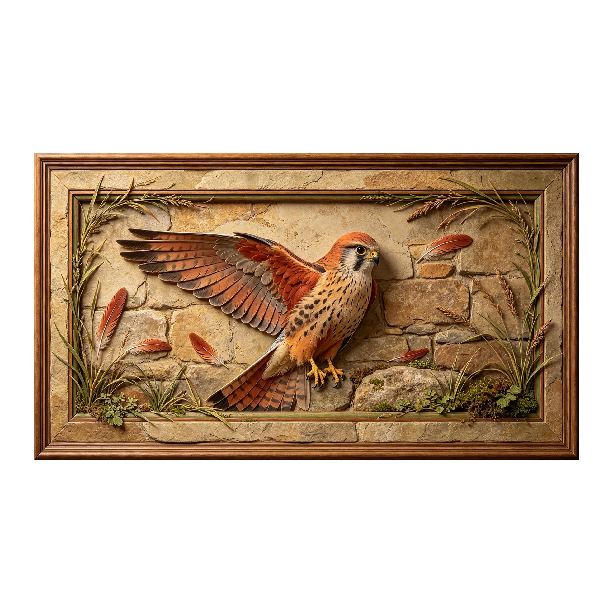 Yzpallescene 3D 3D Framed Wall Art 50cm×90cm Flying Hawk Rustic Stone Background Relief Effect Large Size SelfAdhesive Removable Wall Decor Prints Artwork for Living Room Bedroom Office