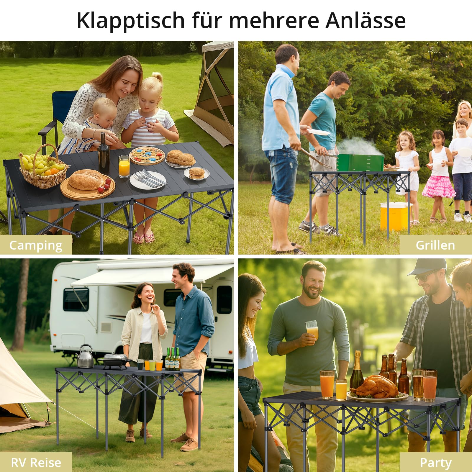 Anbte Campingtisch Klappbar bis 120kg Übergröße 122x60x74cm(LxBxH) Alu Rolltisch für 6 bis 8 Personen X-Frame Design Klapptisch mit Tragetasche für Outdoor Balkon Garten Strand Picknick (Schwarz)