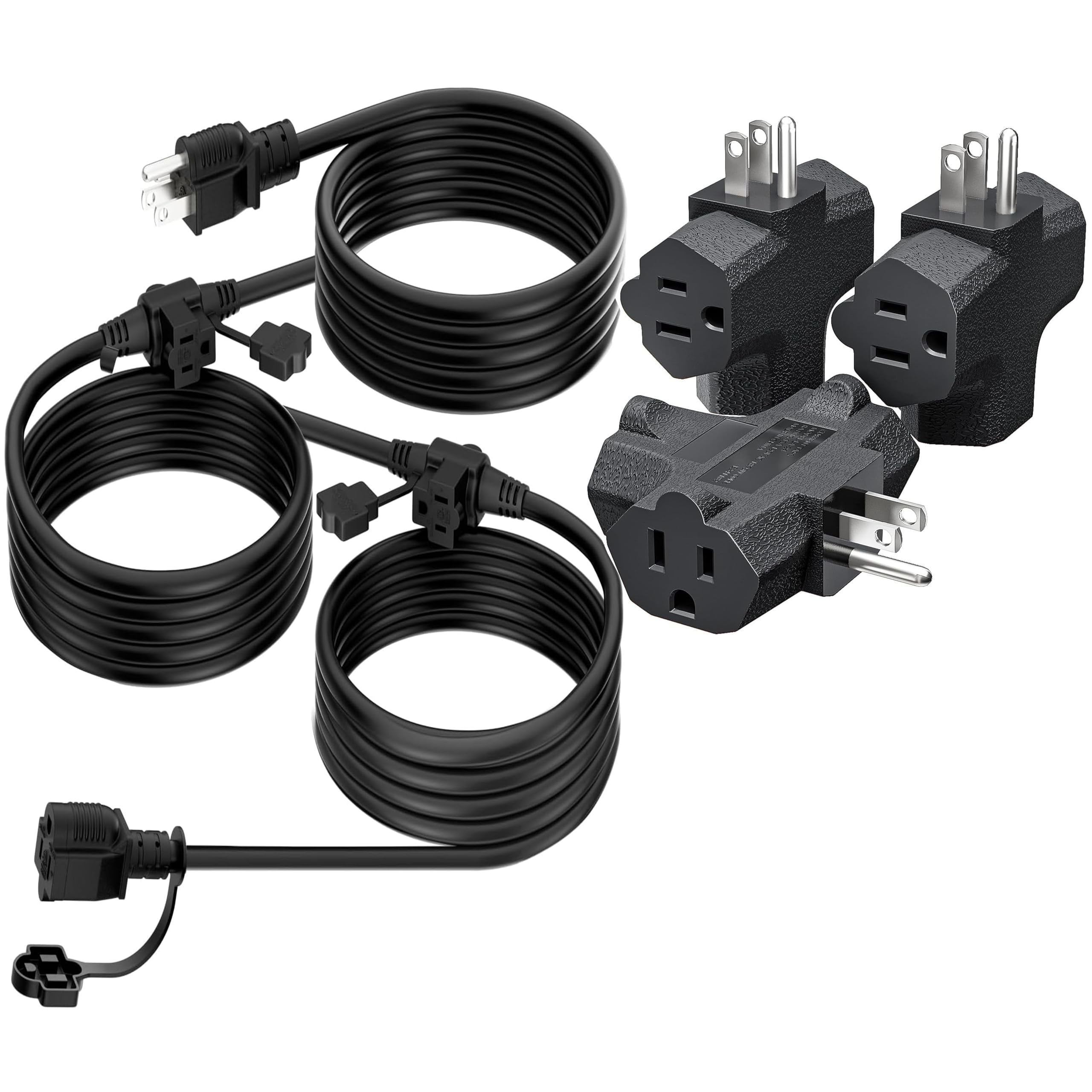 Outdoor Extension Cord 25 FT + 3-Outlet Grounding Adapter, Evenly Spaced 3 Outlets Plugs, Heavy Duty Grounded Power Tap for Landscape Lights, Halloween Christmas Decorations
