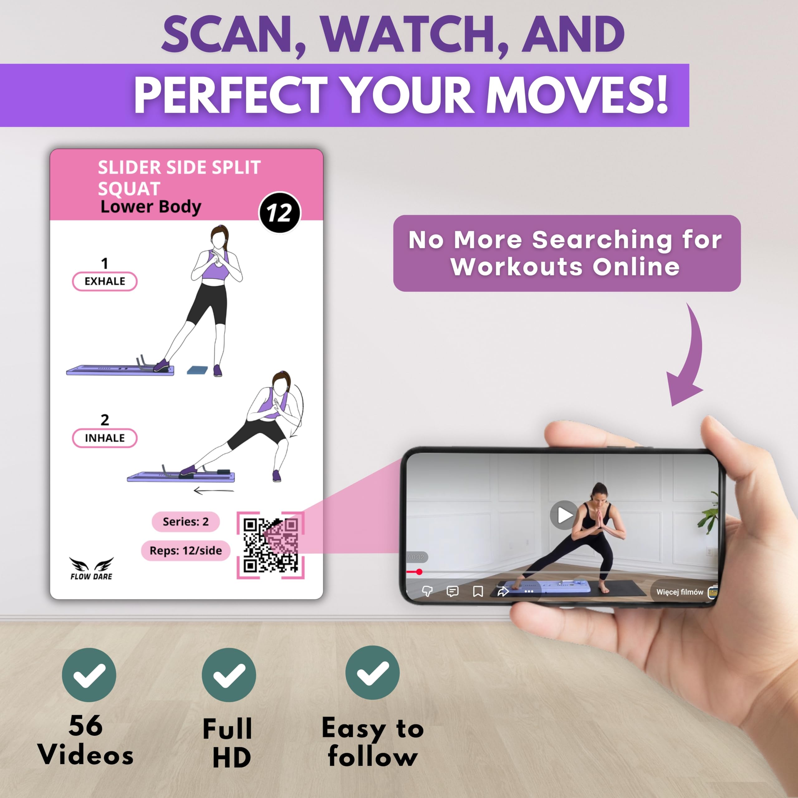 Cartes d'entraînement pour planche de pilates – 67 cartes d'exercice avec vidéos et plan d'entraînement – Comprend un défi de 5 semaines, un ebook, un tableau de progrès et 2 anneaux pour une