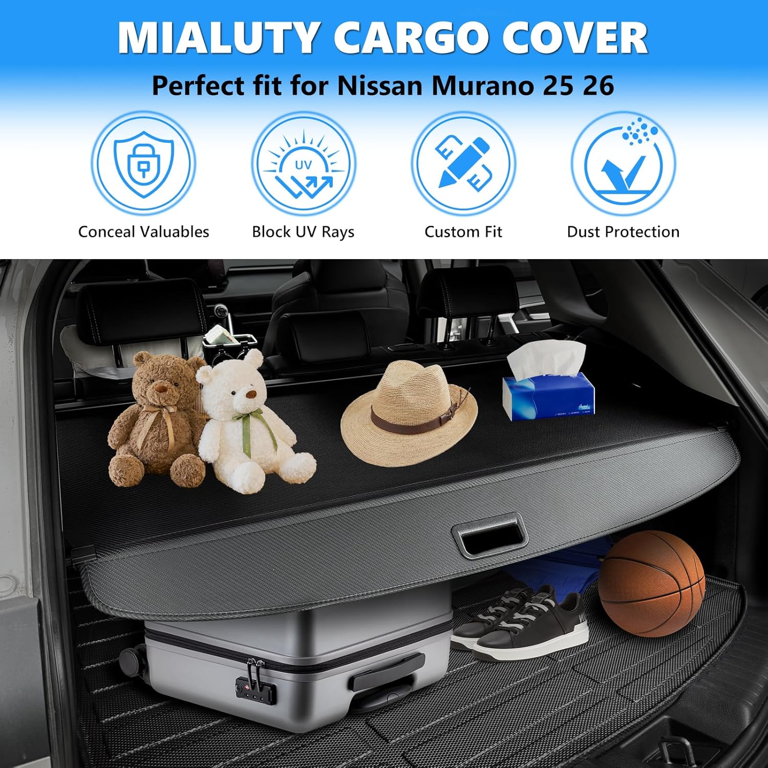 MIALUTY® Cargo Cover for 2025 2026 Nissan Murano Retractable Trunk Cover Murano Accessories Anti-Peeping Anti-Theft Privacy Screen,Trunk Luggage Shield Shade Carbon Fiber Texture