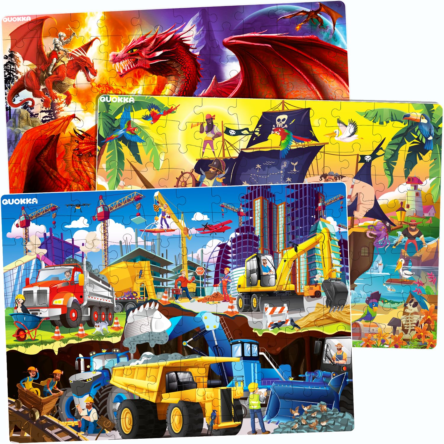 100 Piece Puzzles for Kids Ages 4-6 – 3 Floor Puzzles for Toddlers 3-5 by QUOKKA – Toy for Learning Pirates & Constructions & Animals for 6-8 yo – Jigsaw Toddler Game for Boy and Girl