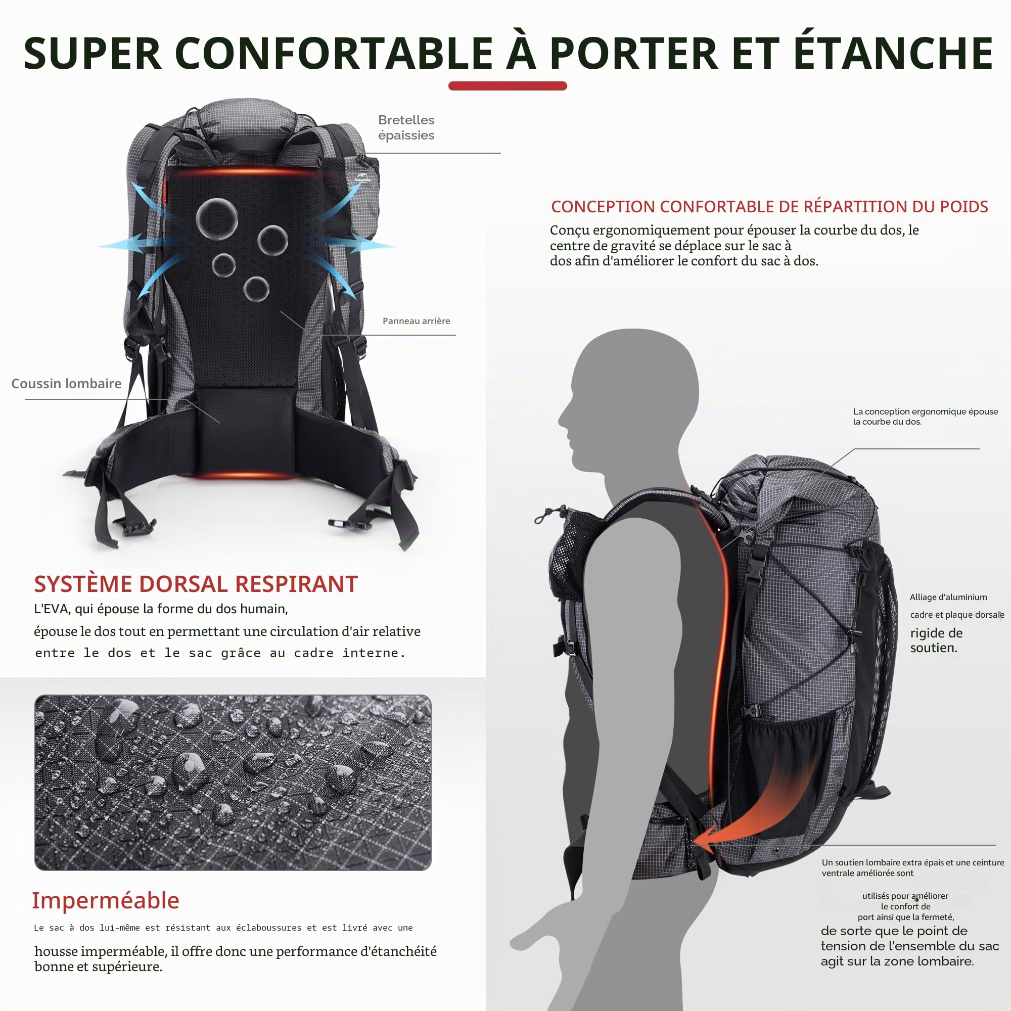 Naturehike Rock 40/60 + 5 l Sac à dos de randonnée léger pour hommes/femmes, sac à dos pliable imperméable avec cadre intérieur, sac à dos de jour pour le camping, le cyclisme, l'escalade, la