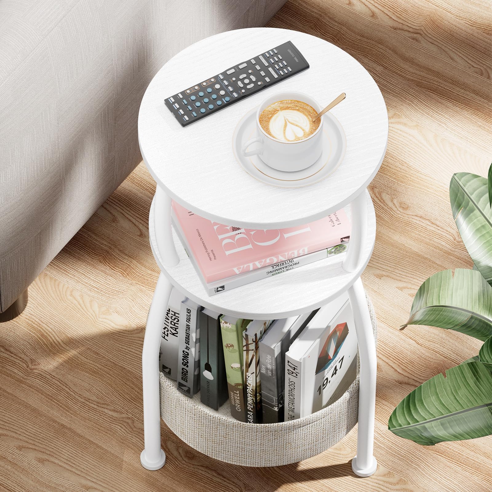 Beistelltisch rund, 3-Stufiger Runder Kleiner Tisch, Couchtisch Klein, Nachttisch, mit Stofftasche, Wohnzimmertisch, Korb aus Stoff, Sofatisch für Room Dekor, Metall, modern 015120550 (Weiß)