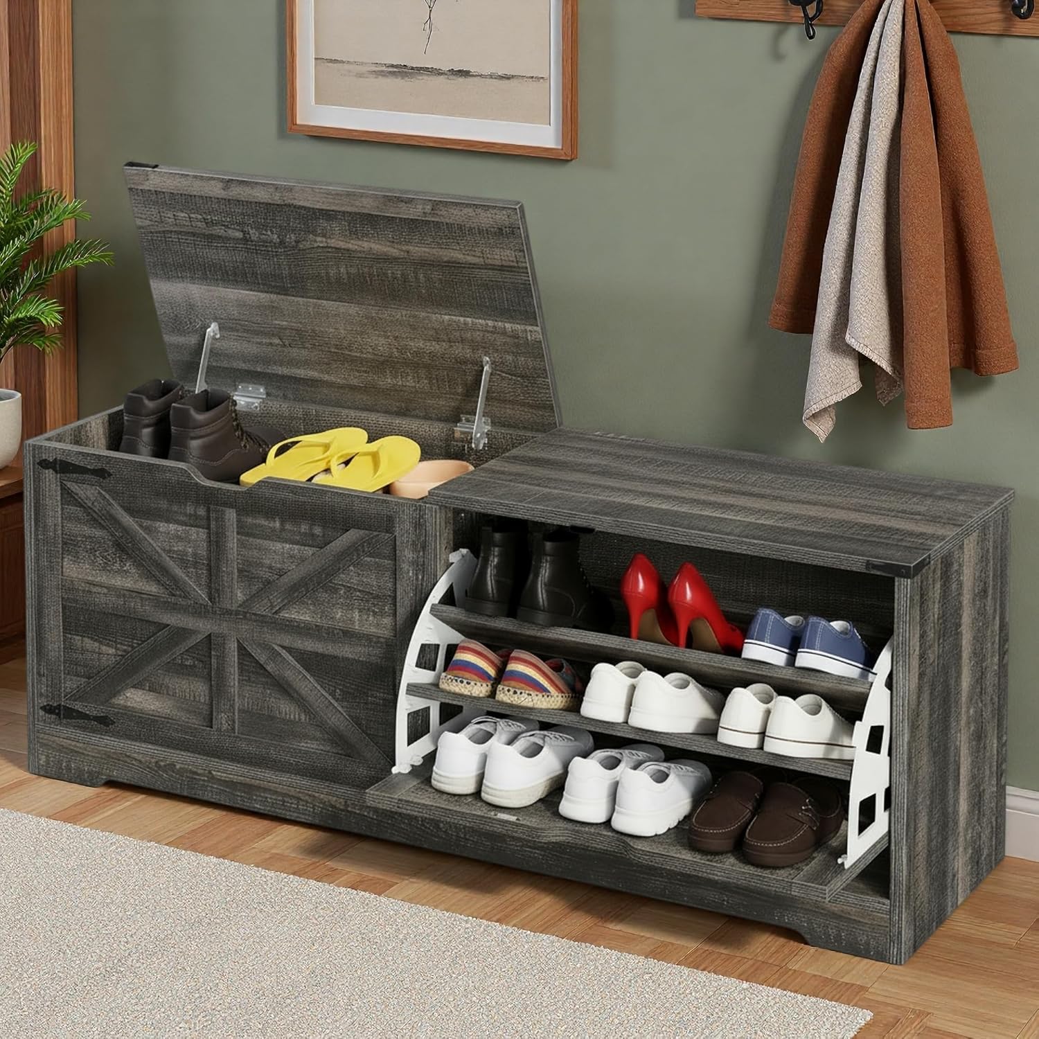 YITAHOME 55" L Farmhouse Shoe Storage Bench with Flip-Top Seat & 3 Tilt-Out Drawers, Entryway Organizer for Mudroom, Hallway, Cloakroom
