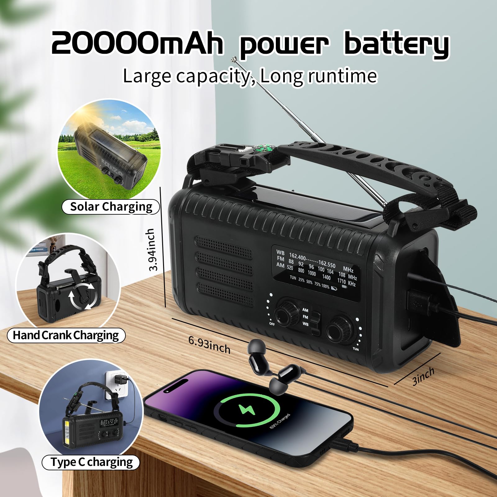 Radio météo d'urgence solaire 20 000 mAh AM/FM/NOAA avec lampe de poche et chargeur téléphone