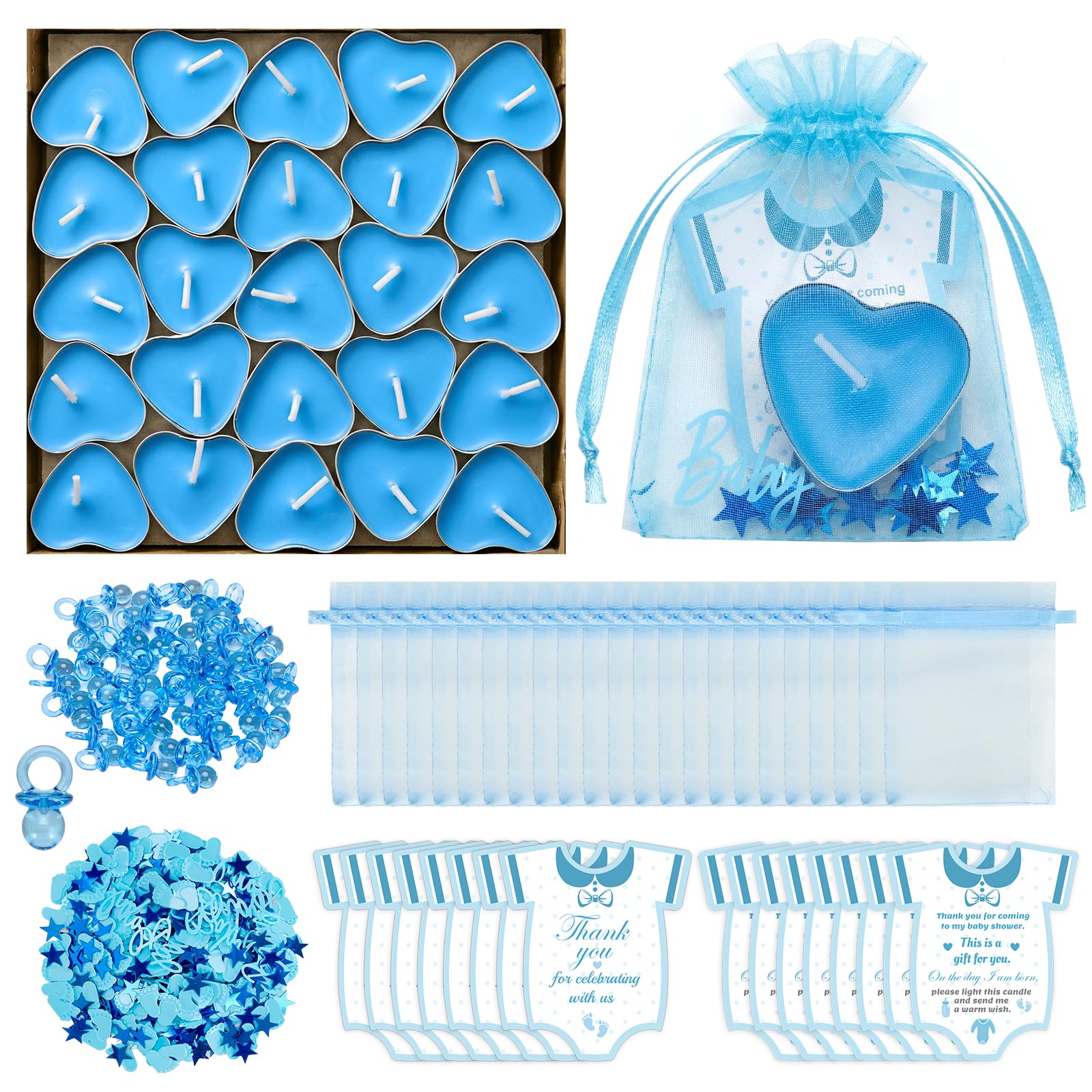 Blue Baby Shower Favors for Guests – 50 Sets Tea Light Candle Party Favours with Thank You Cards, Organza Bags & Decorative Mini Pacifier Charms, Baby Boy Shower Table Decorations & Guest Gifts