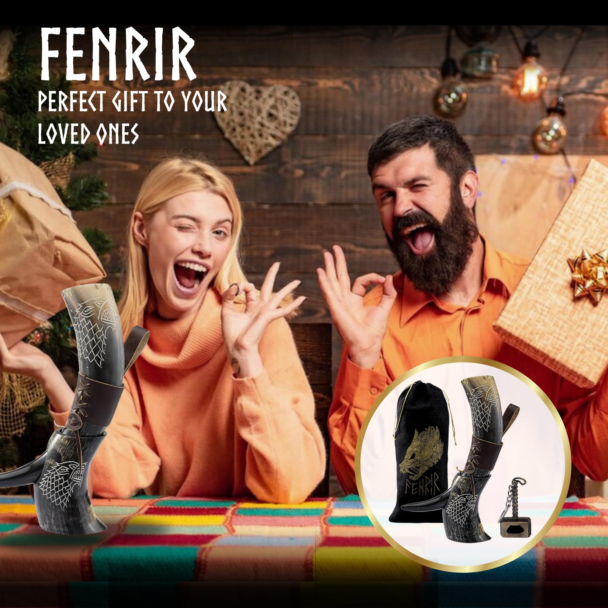 FENRIR Corno vichingo con supporto, 473,6 g, regalo per uomini, papà, marito, tazza in corno di bue naturale con apribottiglie Thor e fondina in pelle, per birra, alle, idromele (lupo lucido naturale)