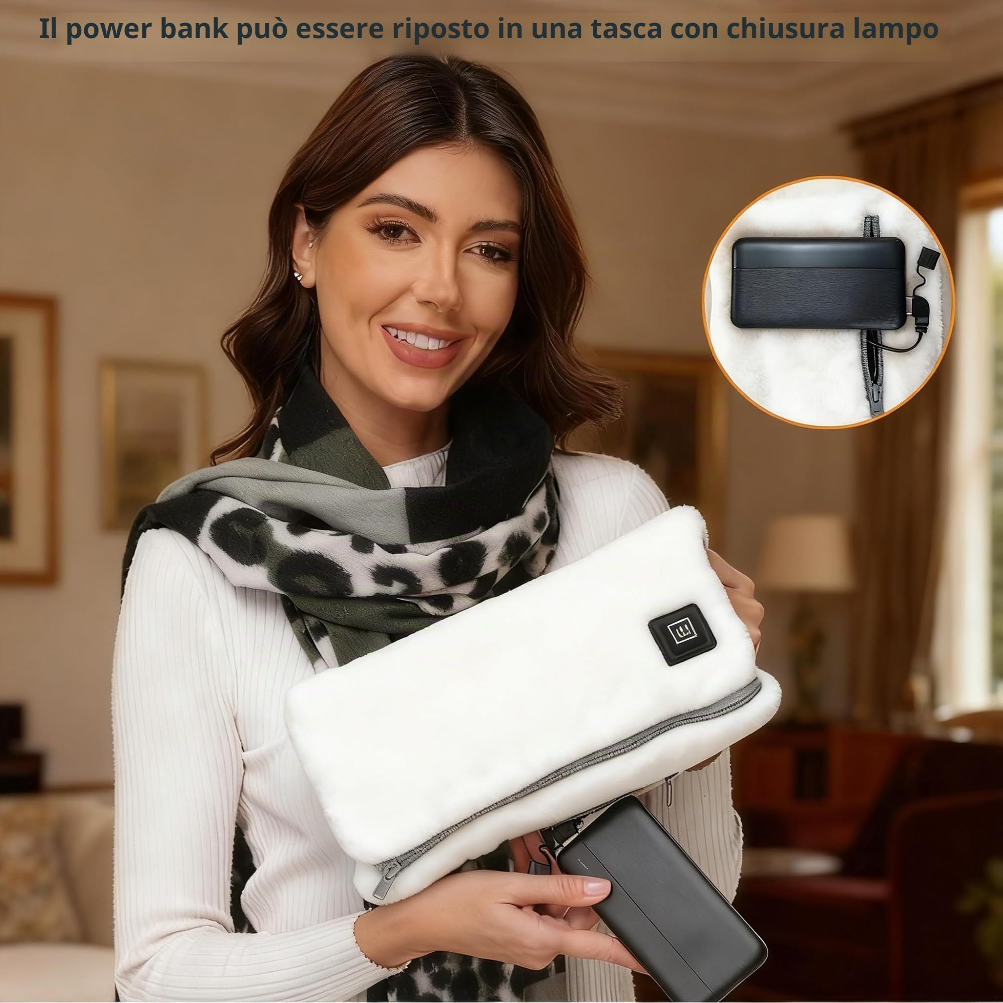 SNZ Scaldamani elettrico senza fili con power bank da 10000 mAh – Cuscino riscaldante portatile multifunzione per schiena pancia collo spalla collo sicuro e morbido – ideale per attività all'aperto