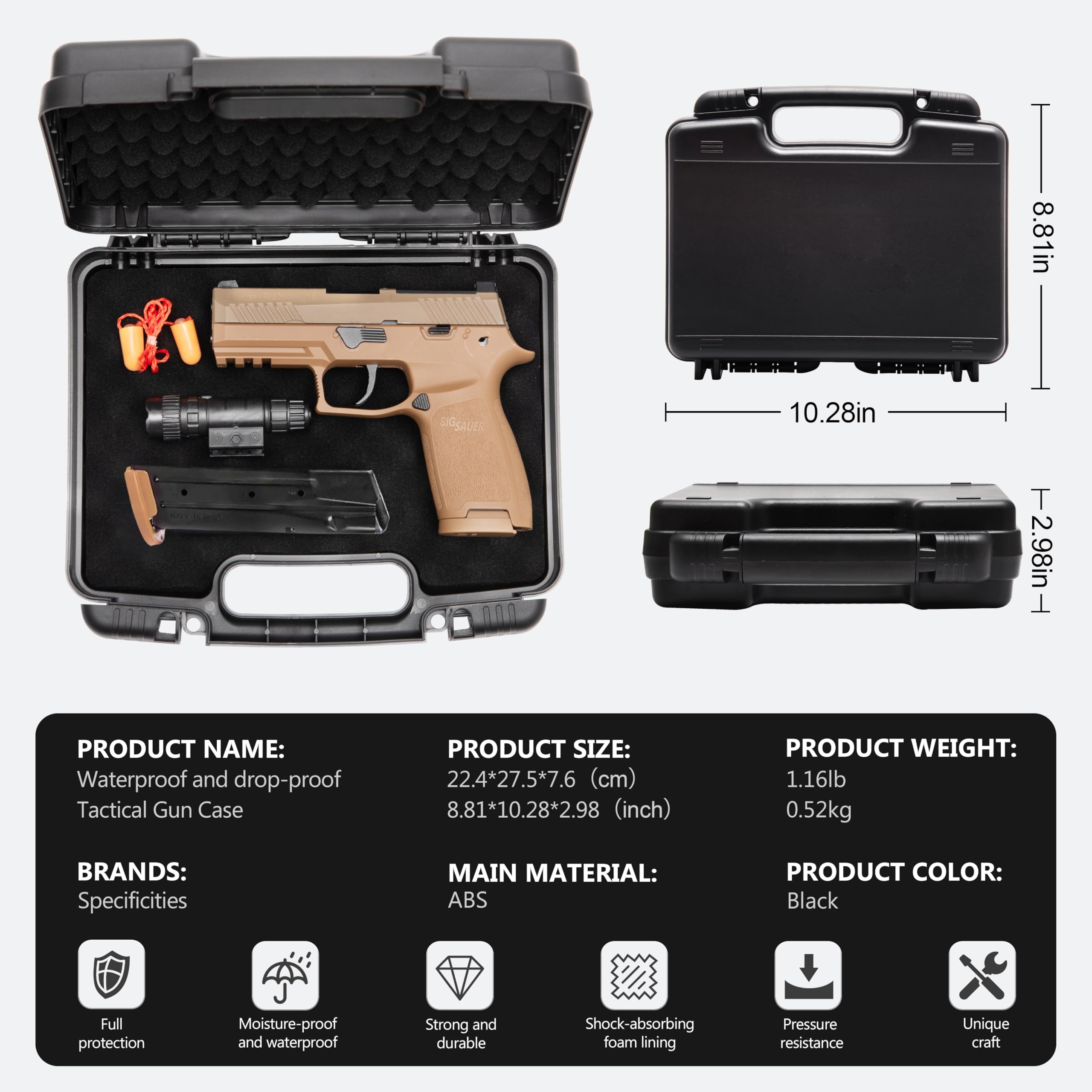 9mm Pistolenkoffer Waffenkoffer abschließbar TSA-zugelassener Schusswaffen-Reisekoffer mit 1 TSA-Schloss, Hartschale,Waffensafe für Handfeuerwaffe, Pistole, Revolver - Stoßfeste Waffenaufbewahrung