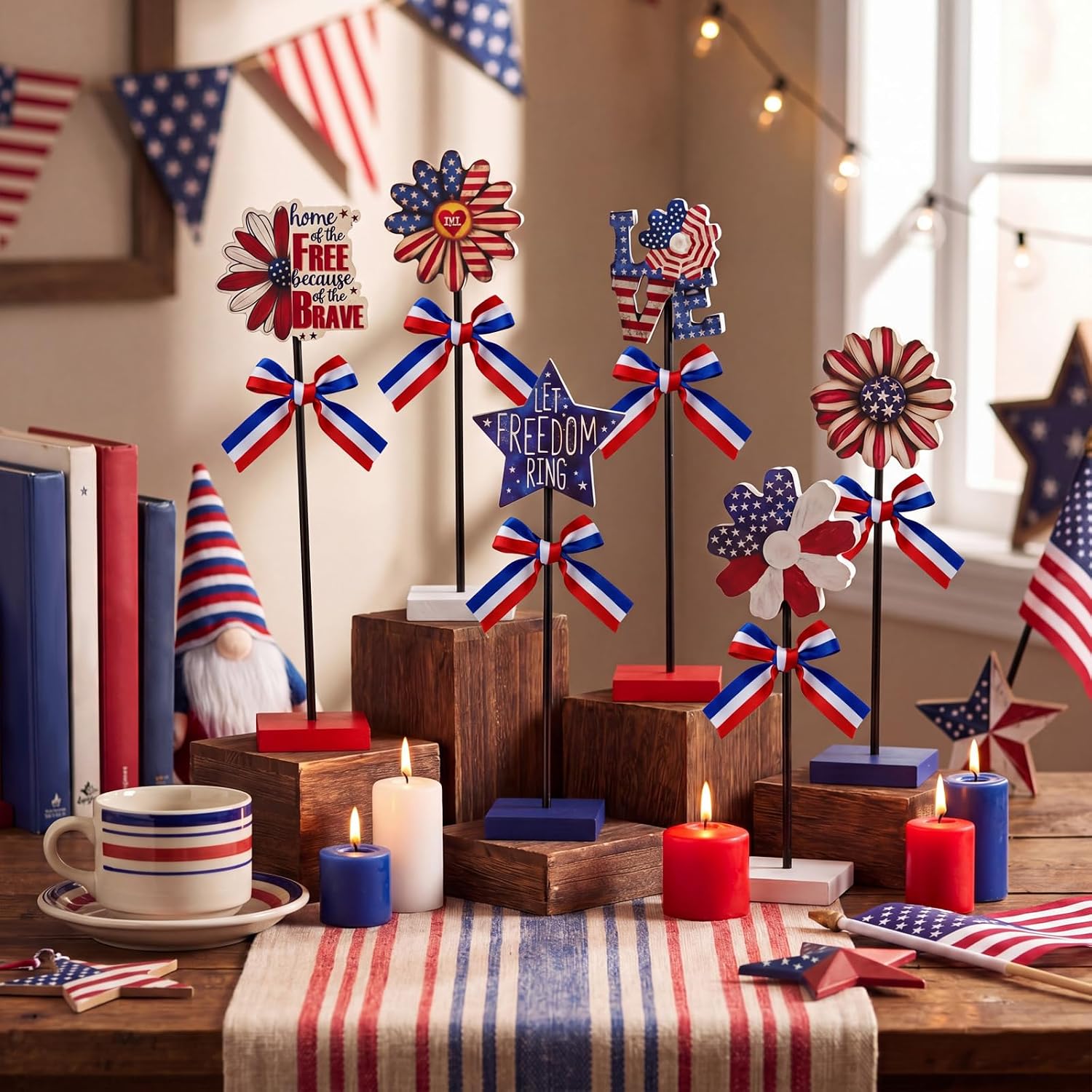 Novabright 6 Pcs 4th of July Table Decoration Patriotic Tiered Tray Decorations for 250th Anniversary Wooden Vintage Rustic Star and Daisy 4th of July Red White and Blue Tabletop Decor for Home