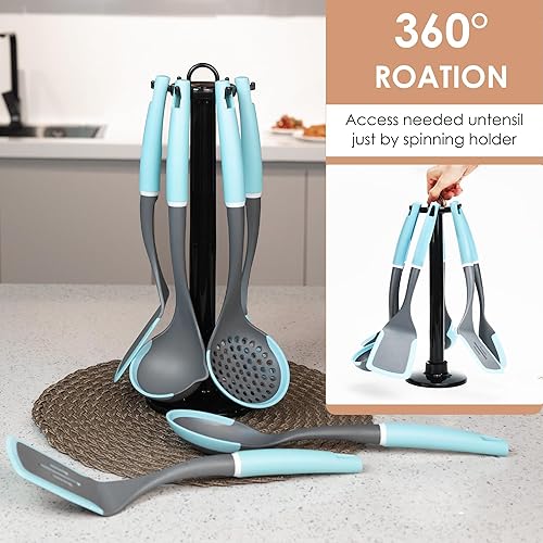 Miniatura 4 de Juego de utensilios de cocina de cocina, juego de espátula antiadherente con soporte giratorio, juego de 6 utensilios de silicona para cocinar,